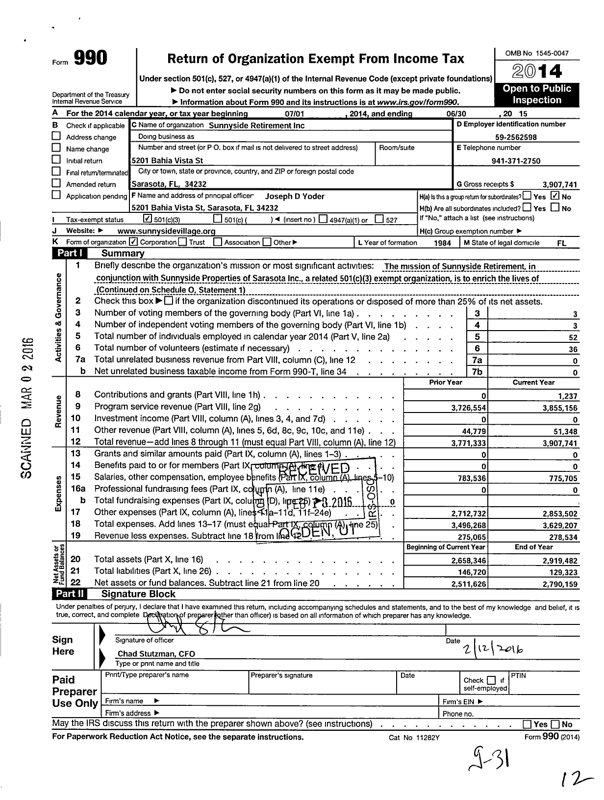 Image of first page of 2014 Form 990 for Sunnyside Retirement