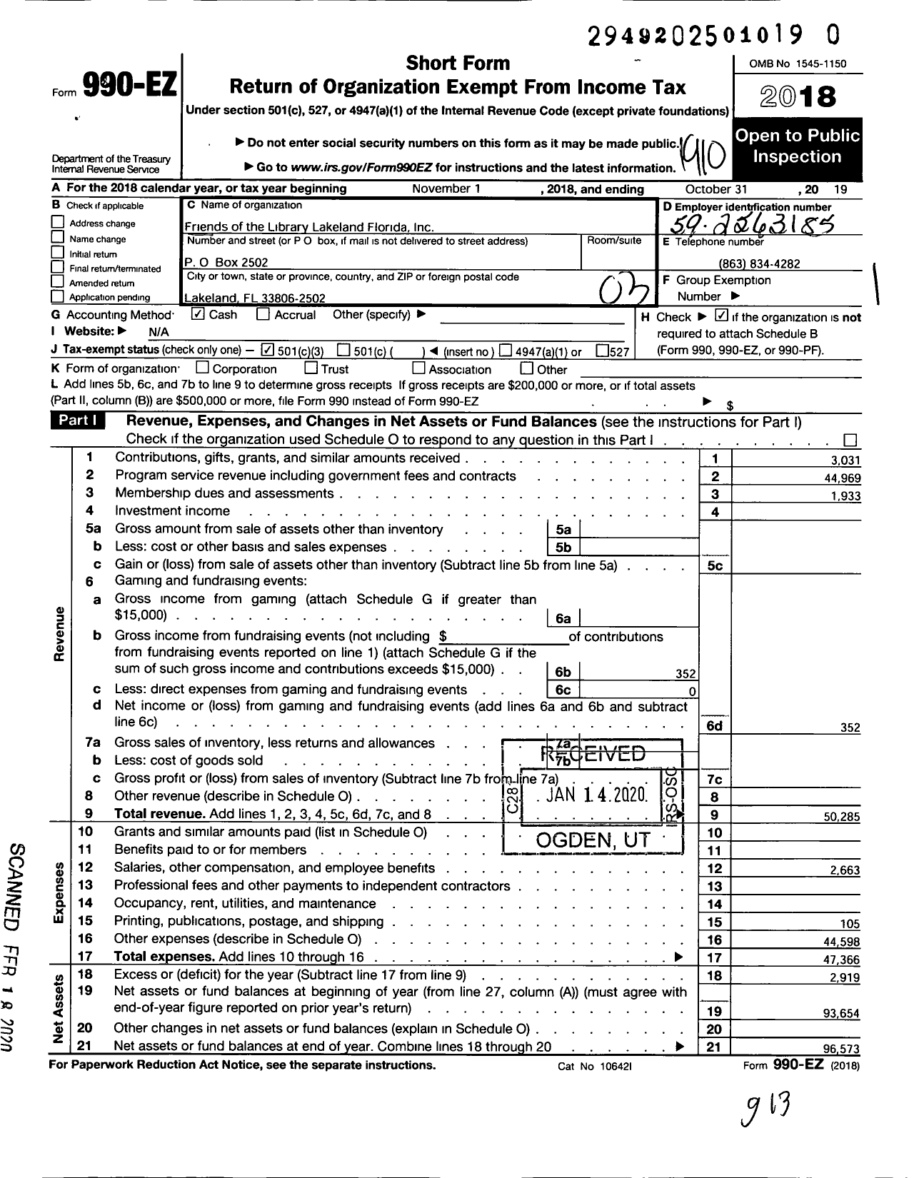 Image of first page of 2018 Form 990EZ for Friends of the Library Lakeland Florida