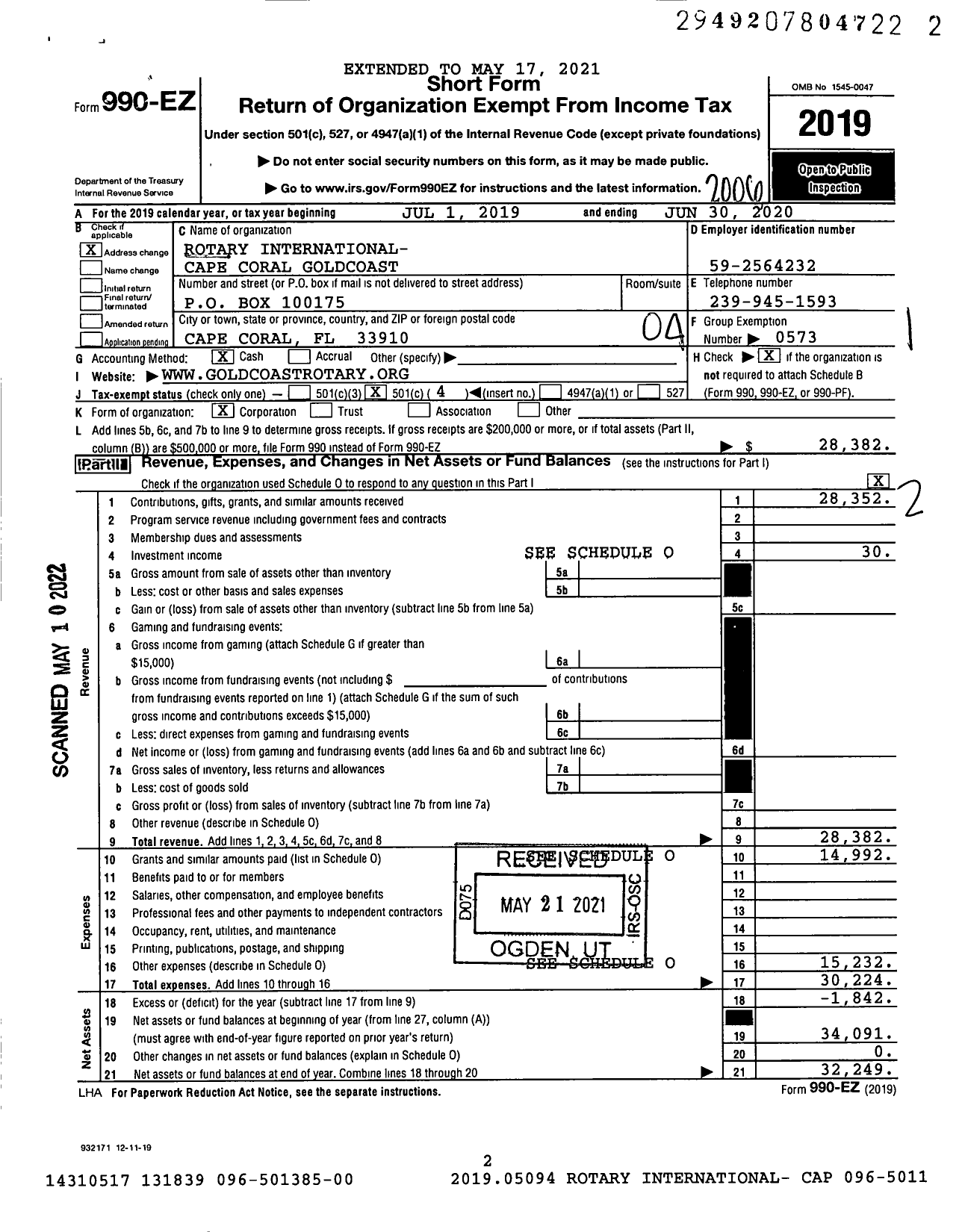Image of first page of 2019 Form 990EO for Rotary International - Cape Coral-Gold Coast