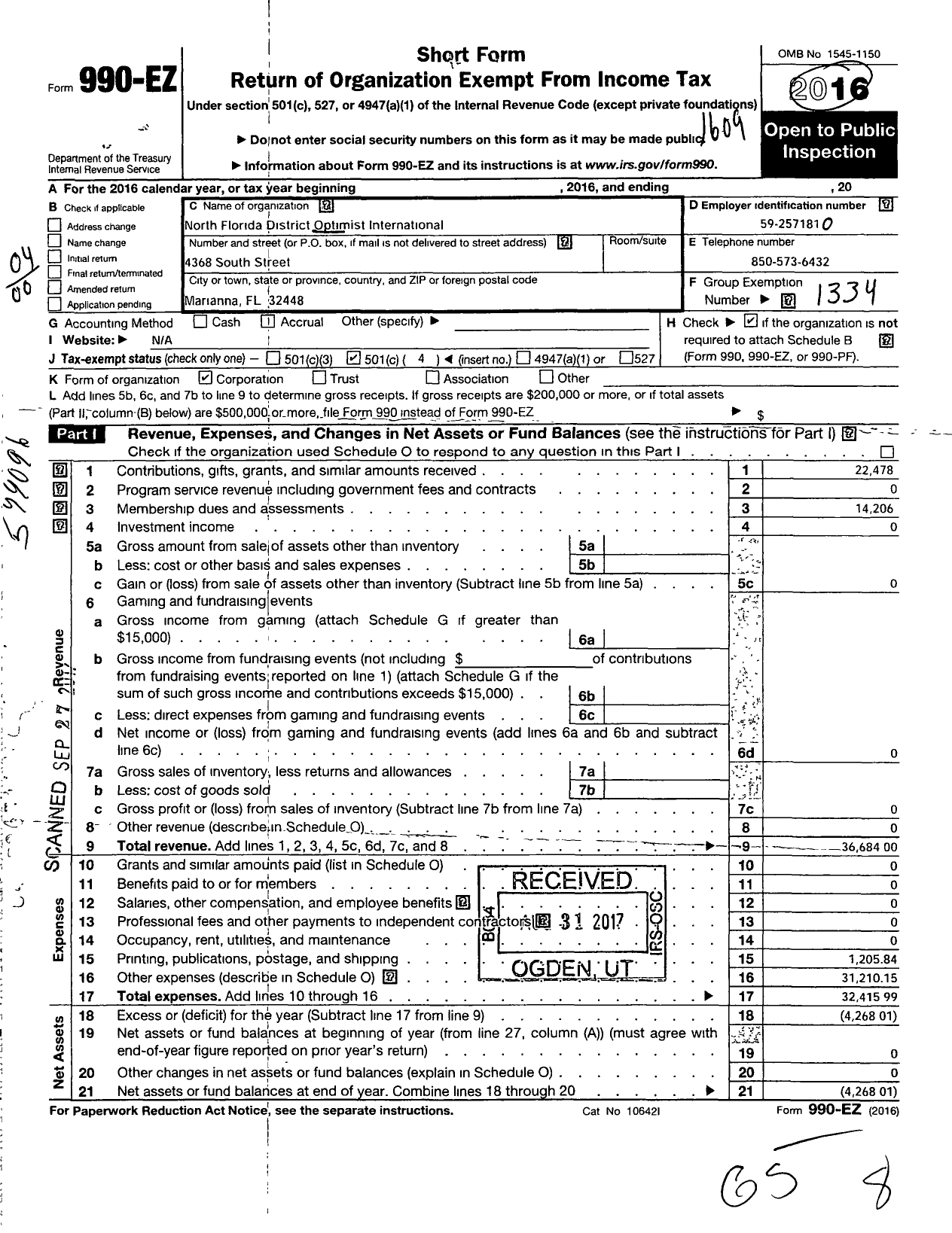 Image of first page of 2015 Form 990EO for Optimist International - 60999-north Florida District