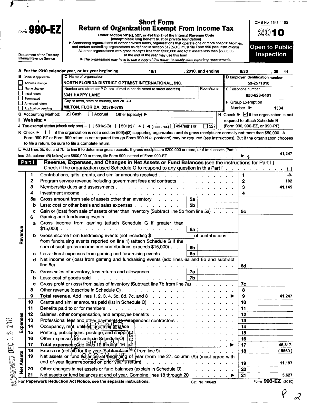 Image of first page of 2010 Form 990EO for Optimist International - 60999-north Florida District