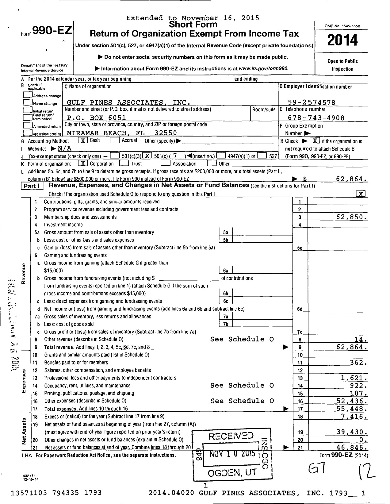 Image of first page of 2014 Form 990EO for Gulf Pines Associates