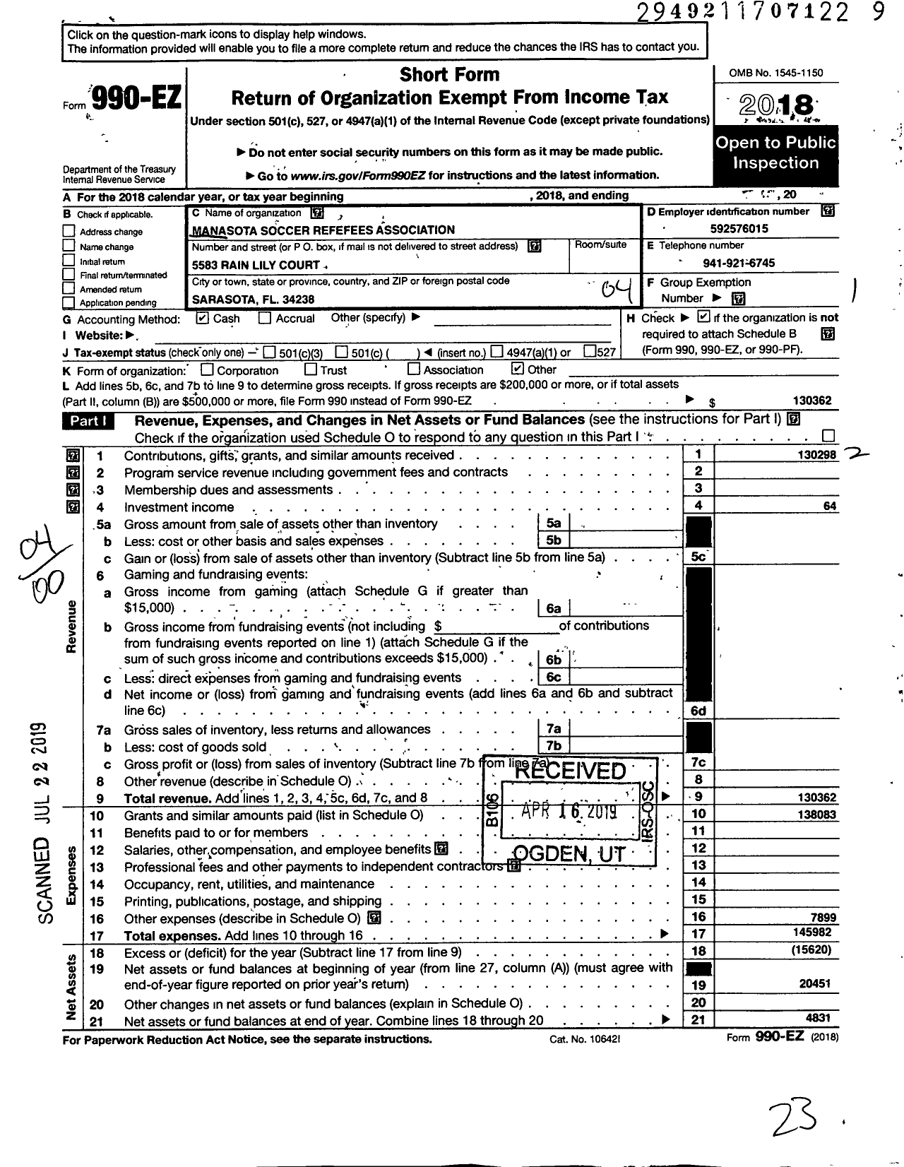 Image of first page of 2018 Form 990EO for Manasota Soccer Referees Association