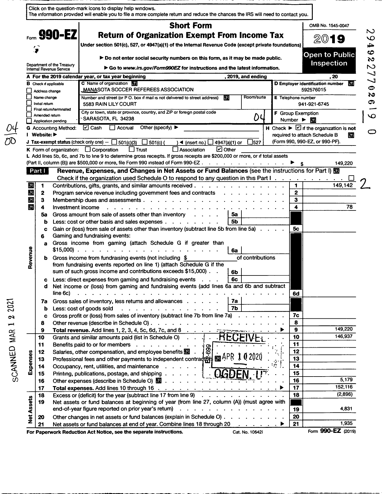 Image of first page of 2019 Form 990EO for Manasota Soccer Referees Association