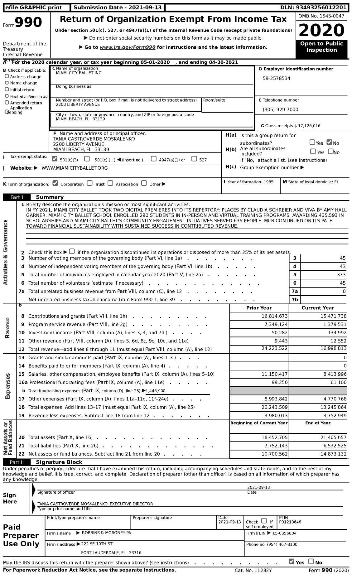 Image of first page of 2020 Form 990 for Miami City Ballet (MCB)