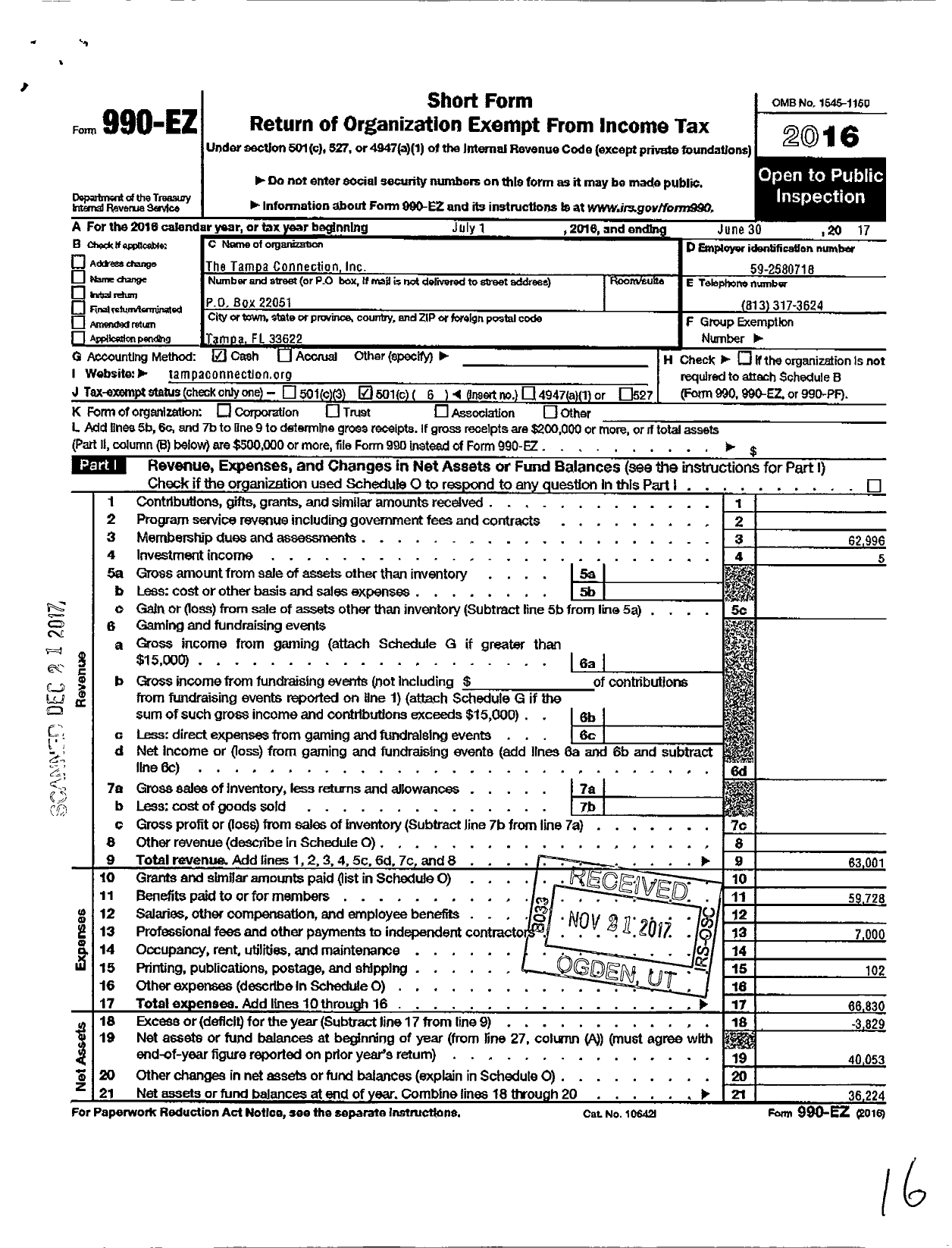 Image of first page of 2016 Form 990EO for The Tampa Connection