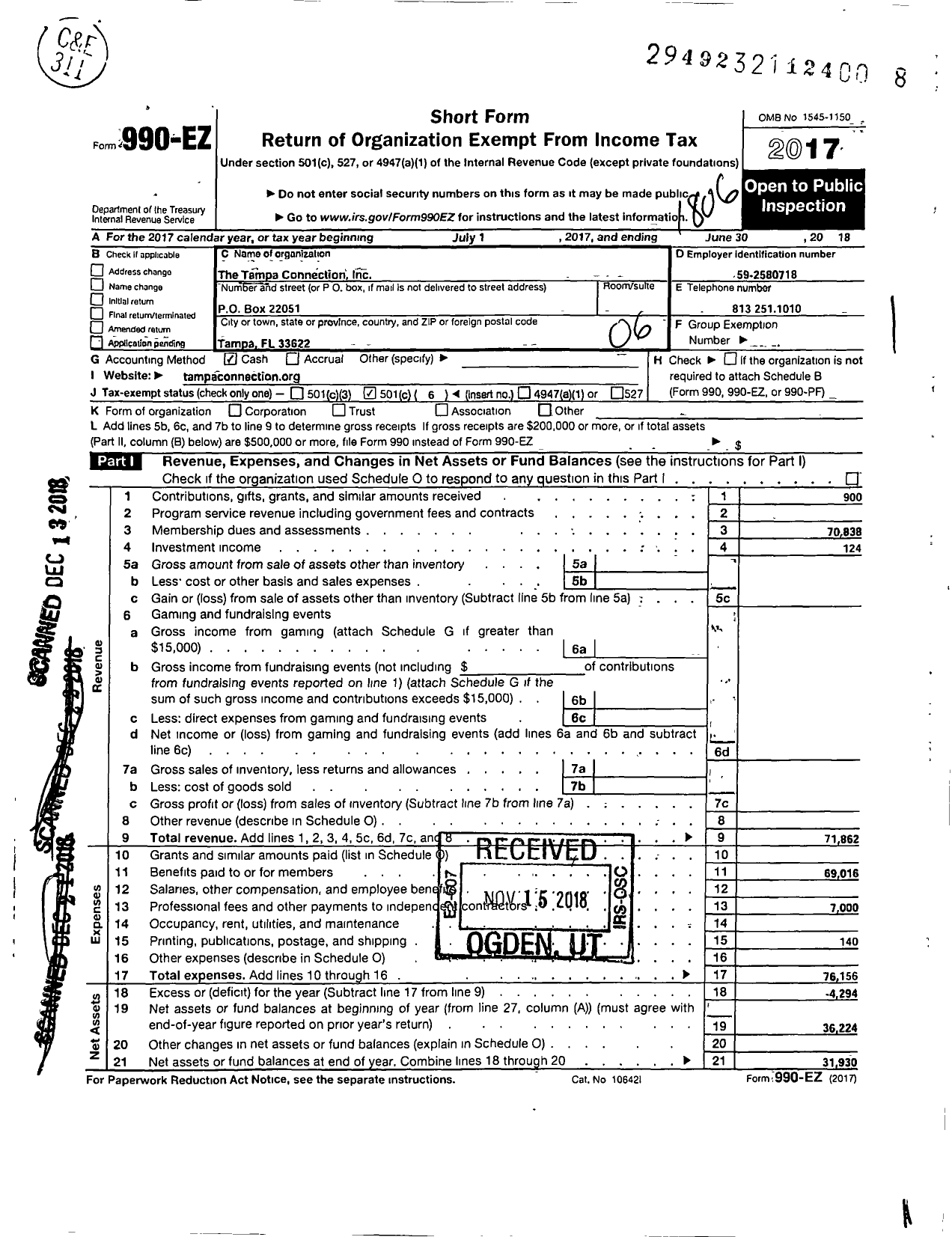 Image of first page of 2017 Form 990EO for The Tampa Connection