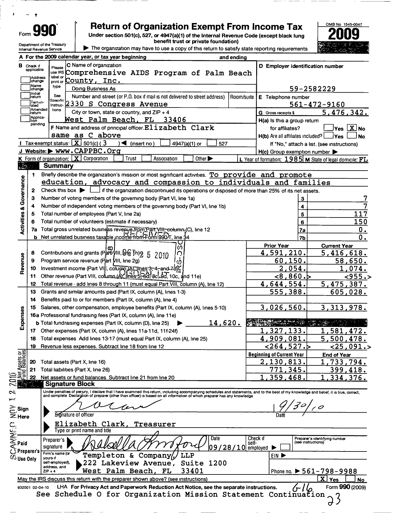 Image of first page of 2009 Form 990 for Comprehensive AIDS Program of Palm Beach County
