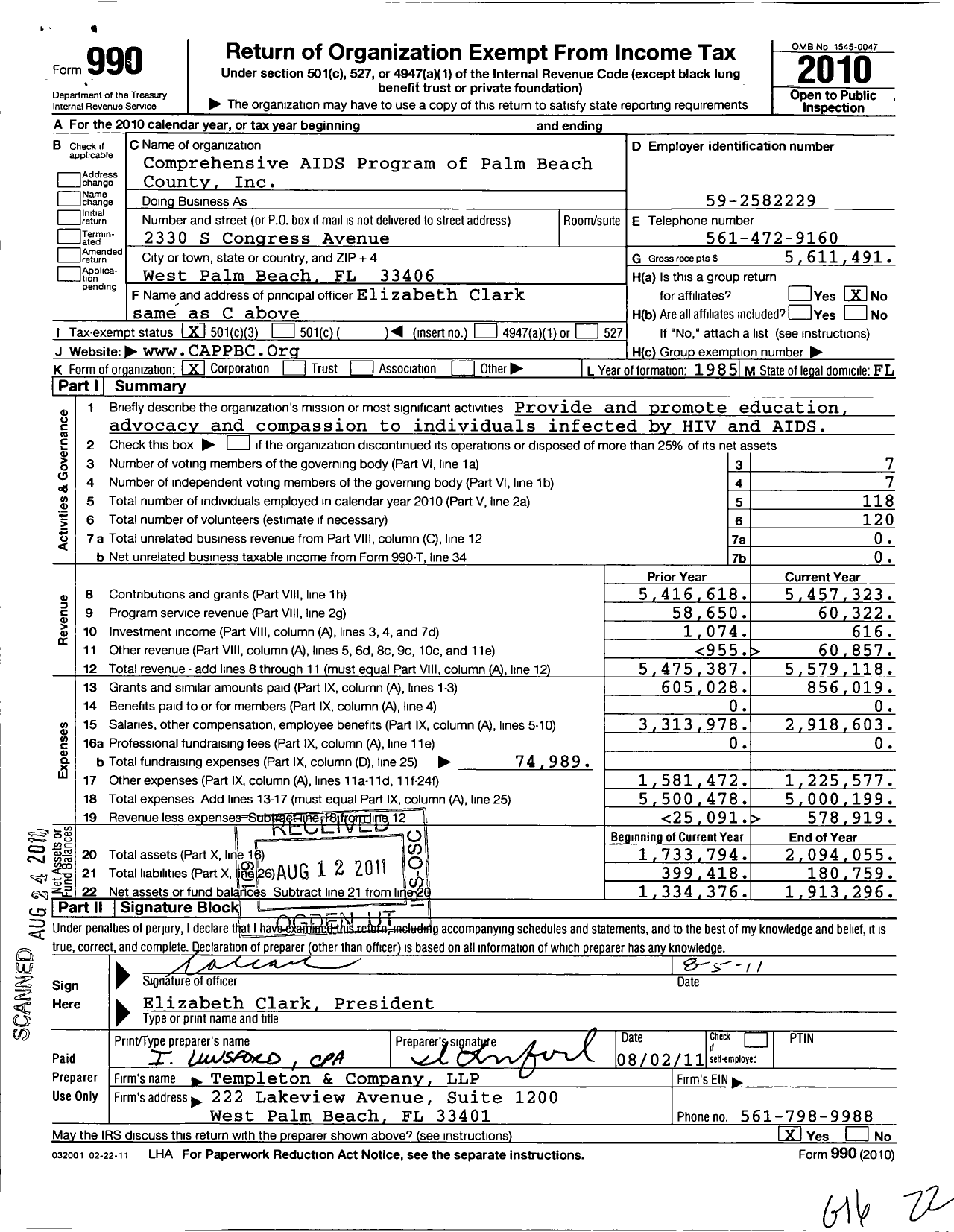 Image of first page of 2010 Form 990 for Comprehensive AIDS Program of Palm Beach County