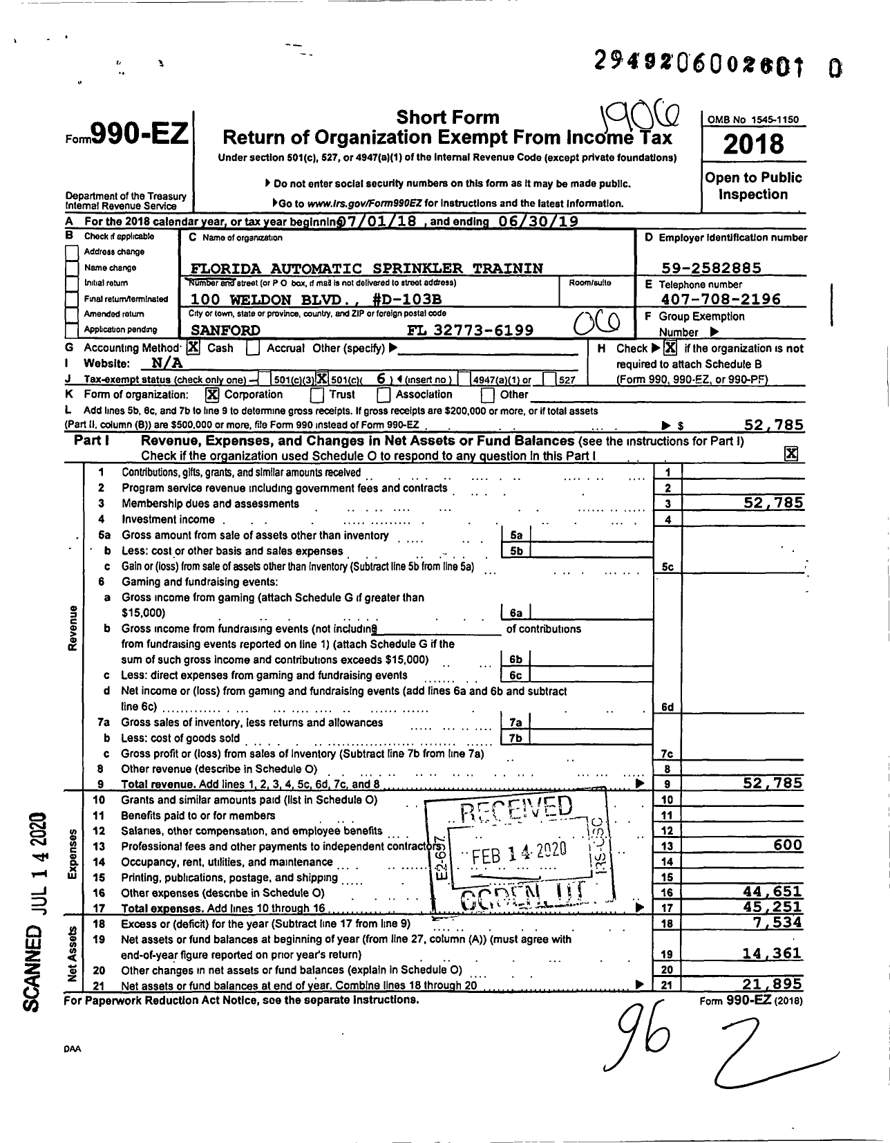 Image of first page of 2018 Form 990EO for Florida Automatic Sprinkler Training