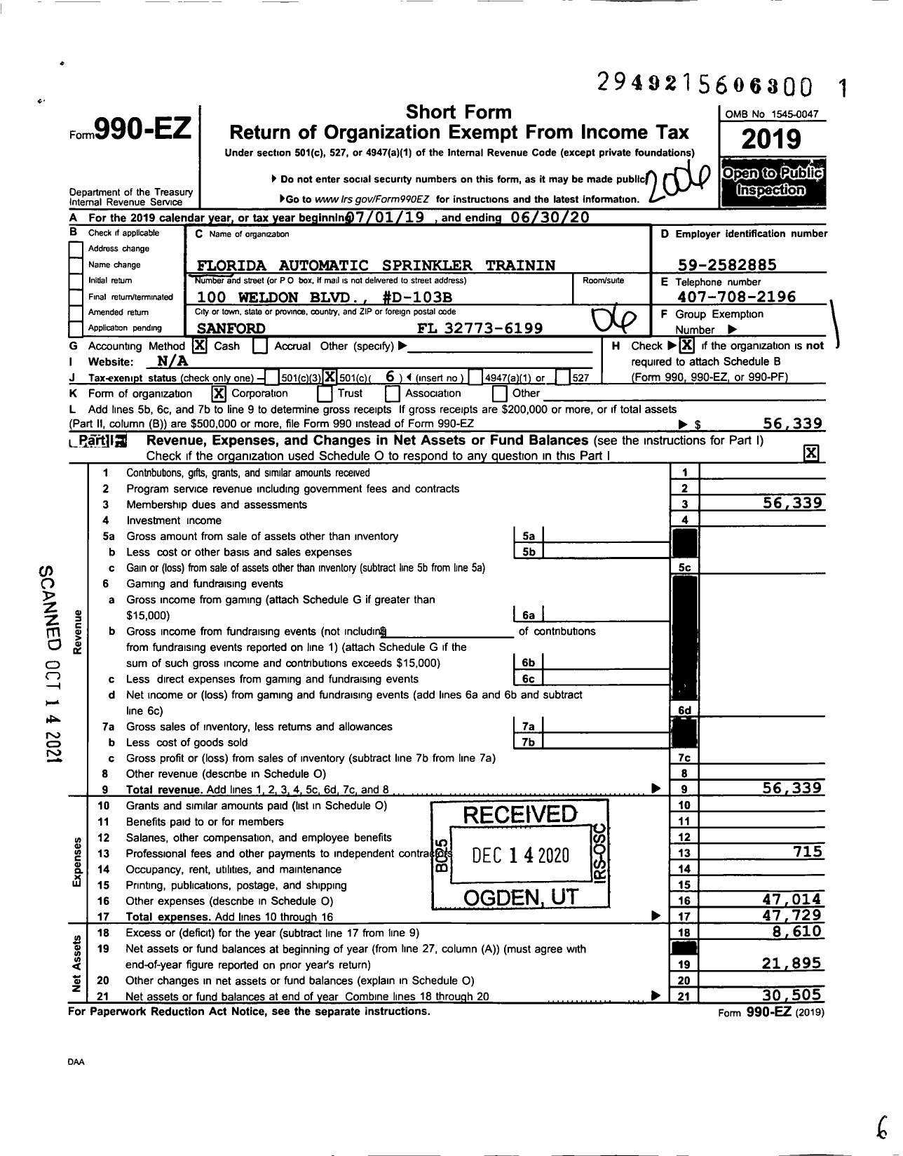 Image of first page of 2019 Form 990EO for Florida Automatic Sprinkler Training