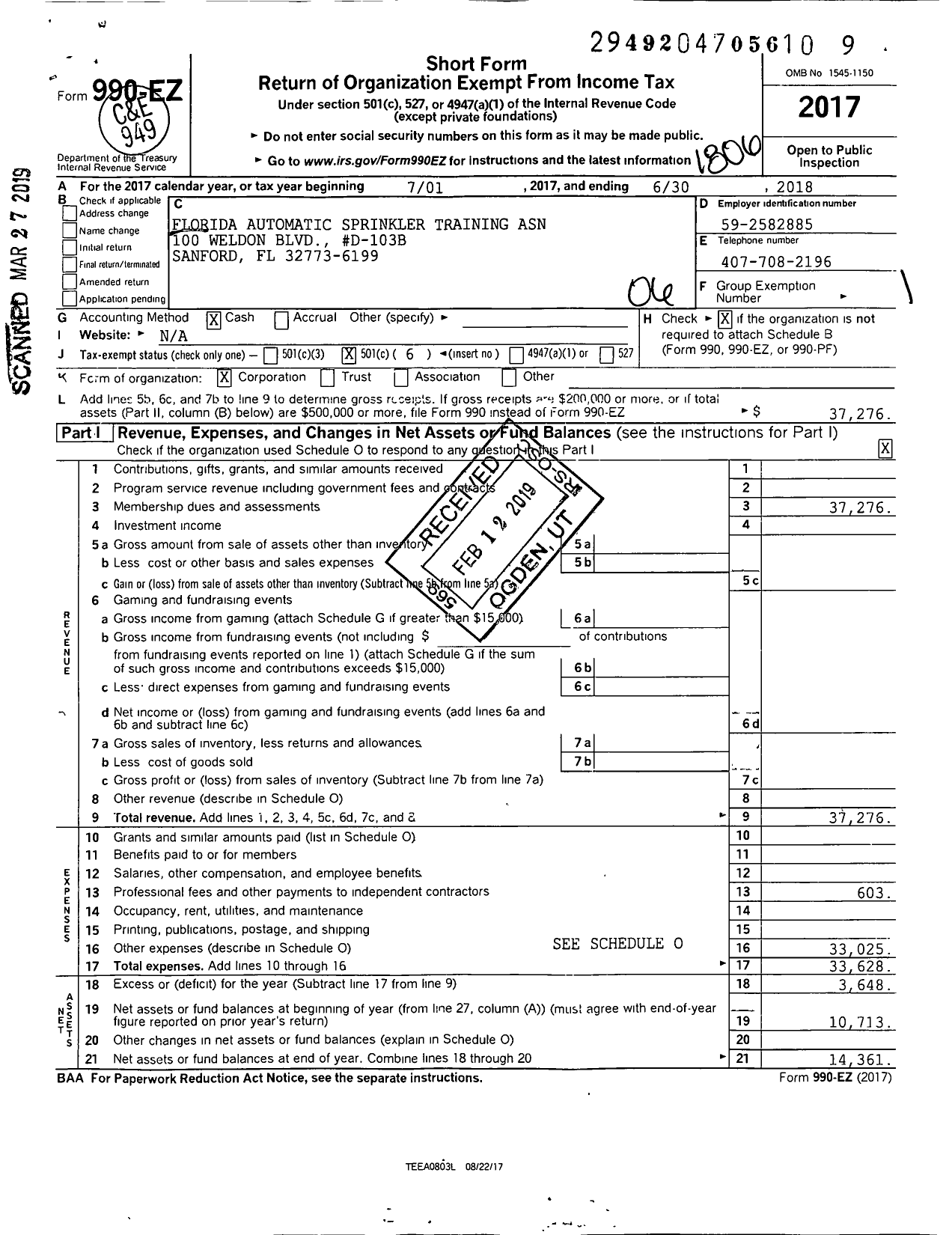 Image of first page of 2017 Form 990EO for Florida Automatic Sprinkler Training