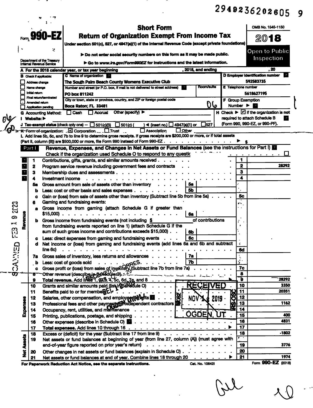 Image of first page of 2018 Form 990EO for The South Palm Beach County Womens Executive Club