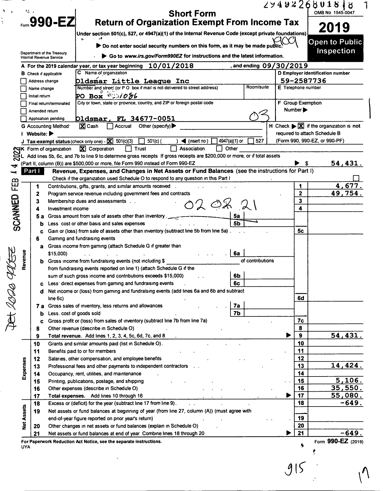 Image of first page of 2018 Form 990EZ for Little League Baseball - 3091214 Oldsmar LL