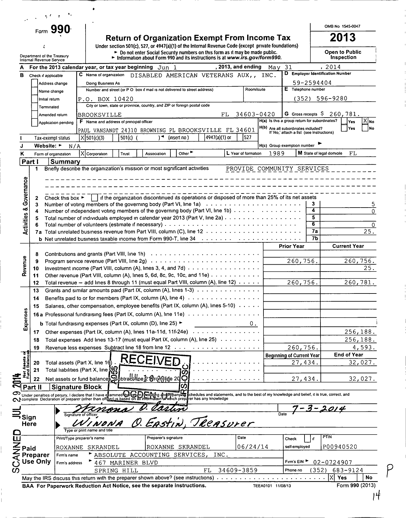 Image of first page of 2013 Form 990 for Disabled American Veterans Auxiliary - 67 Hernando County