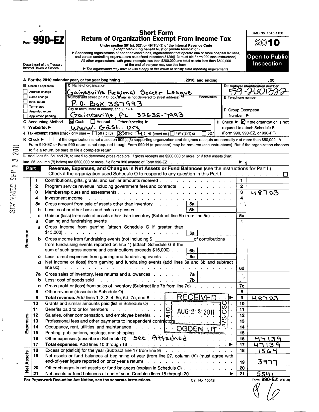 Image of first page of 2010 Form 990EO for Gainesville Regional Soccer League