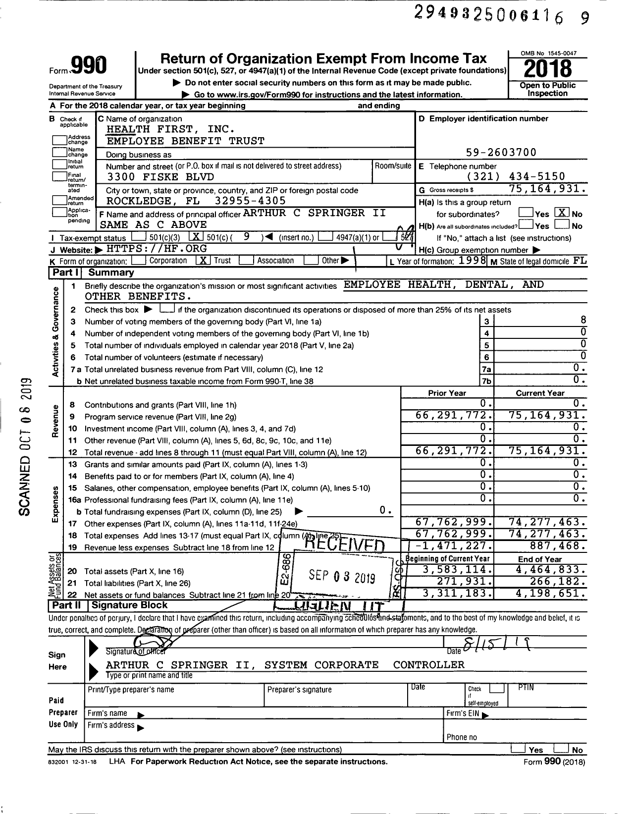 Image of first page of 2018 Form 990O for Health First Employee Benefit Trust
