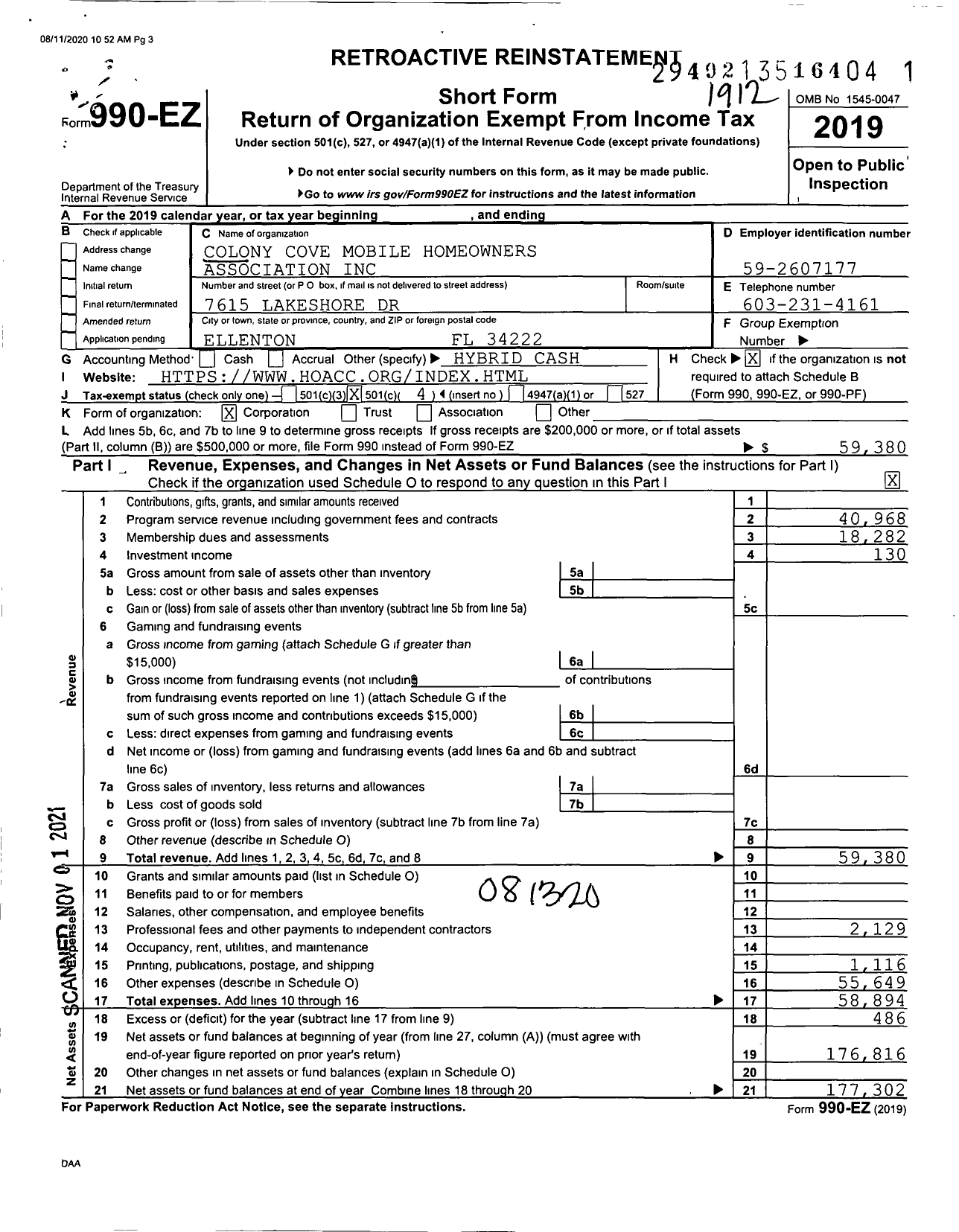 Image of first page of 2019 Form 990EO for Colony Cove Mobile Homeowners Association