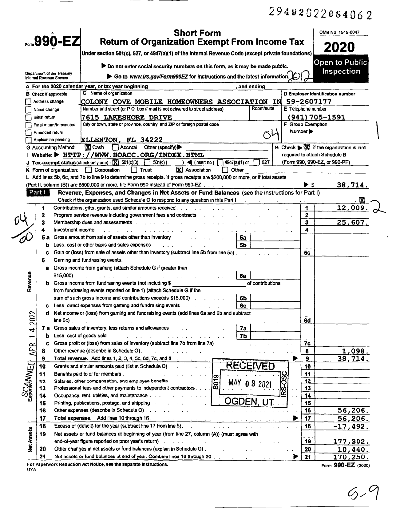 Image of first page of 2020 Form 990EO for Colony Cove Mobile Homeowners Association