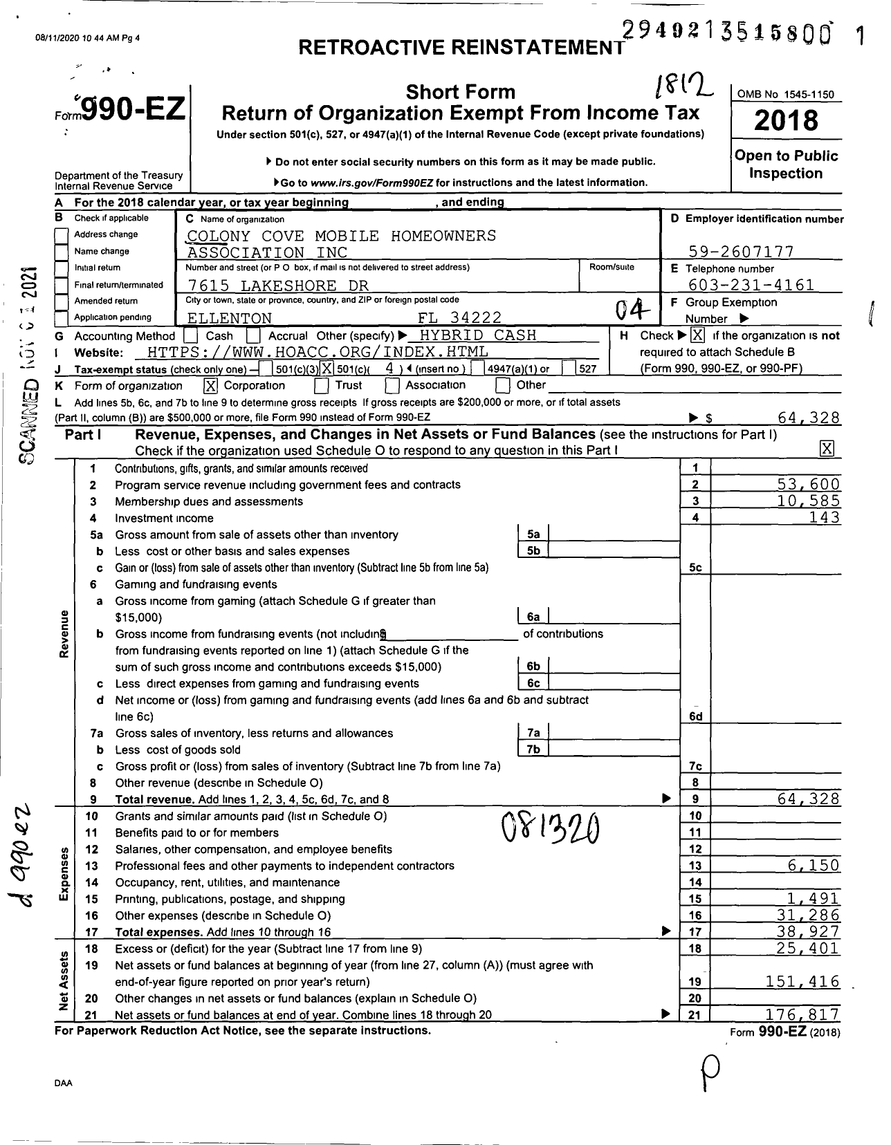 Image of first page of 2018 Form 990EO for Colony Cove Mobile Homeowners Association