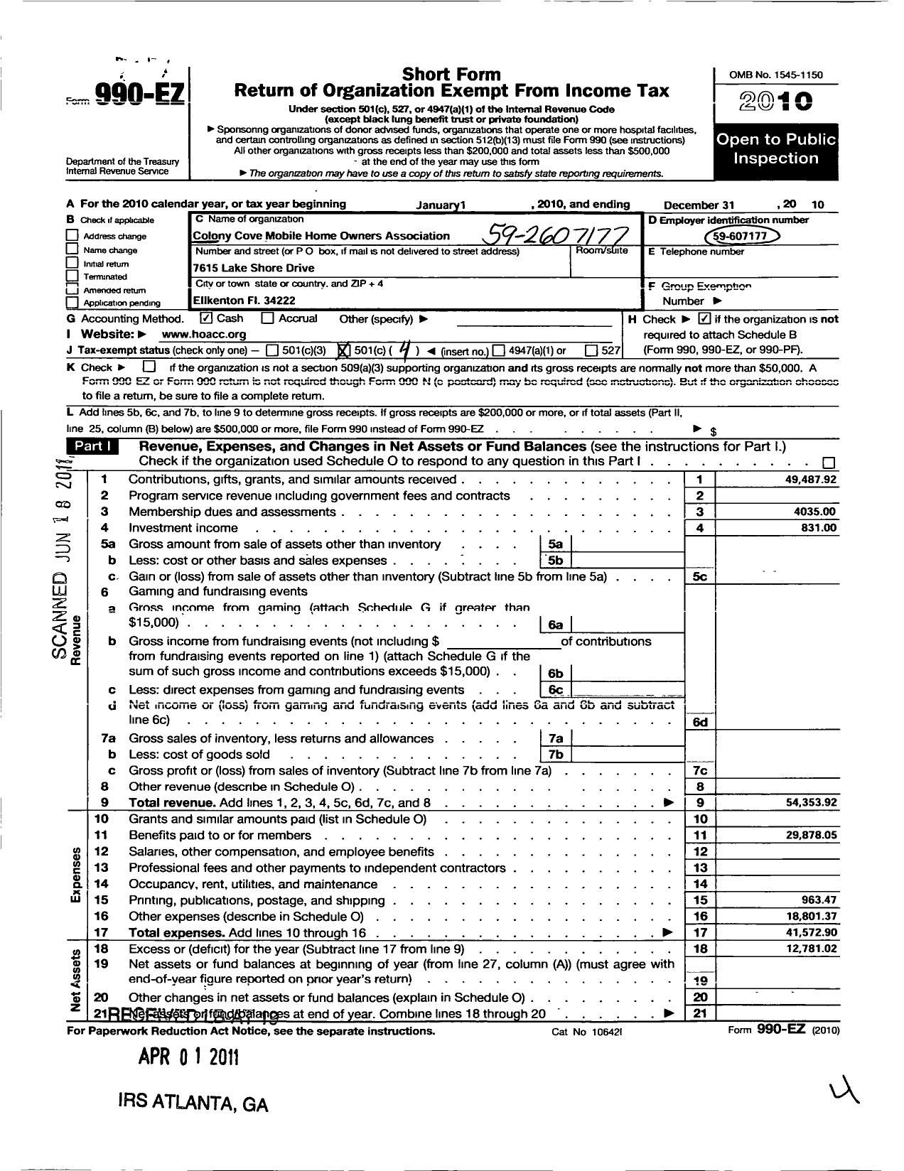 Image of first page of 2010 Form 990EO for Colony Cove Mobile Homeowners Association