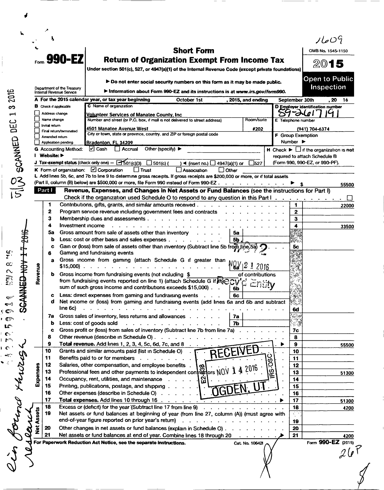 Image of first page of 2015 Form 990EZ for Volunteer Services of Manatee County