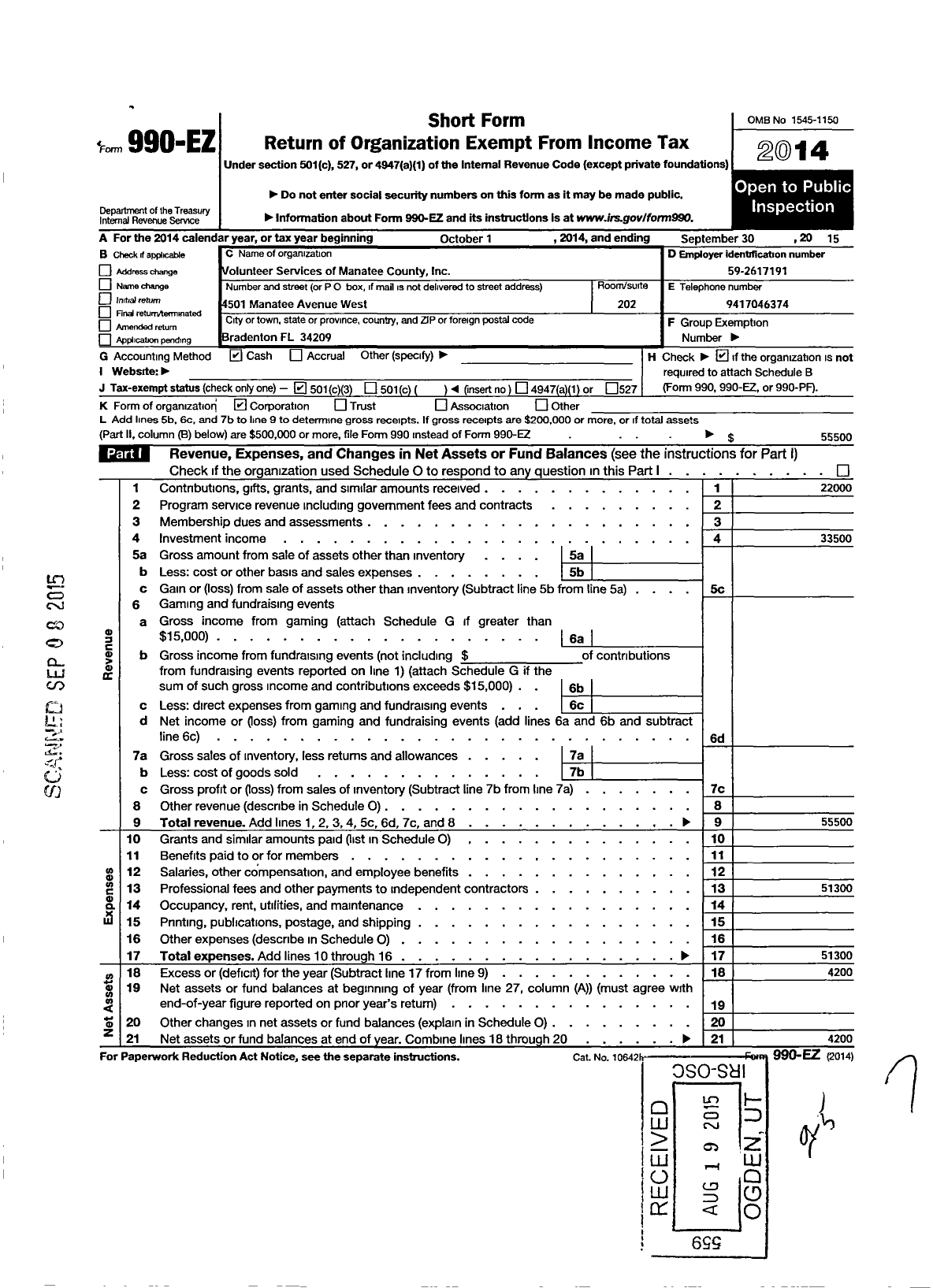 Image of first page of 2014 Form 990EZ for Volunteer Services of Manatee County