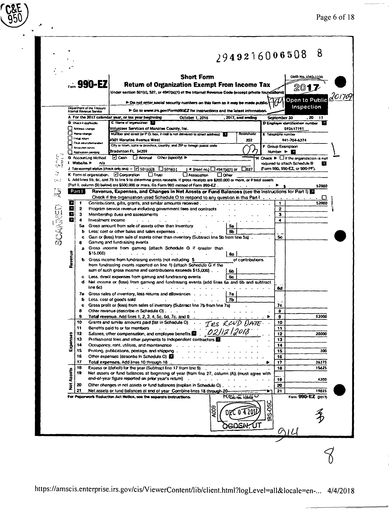 Image of first page of 2016 Form 990EZ for Volunteer Services of Manatee County