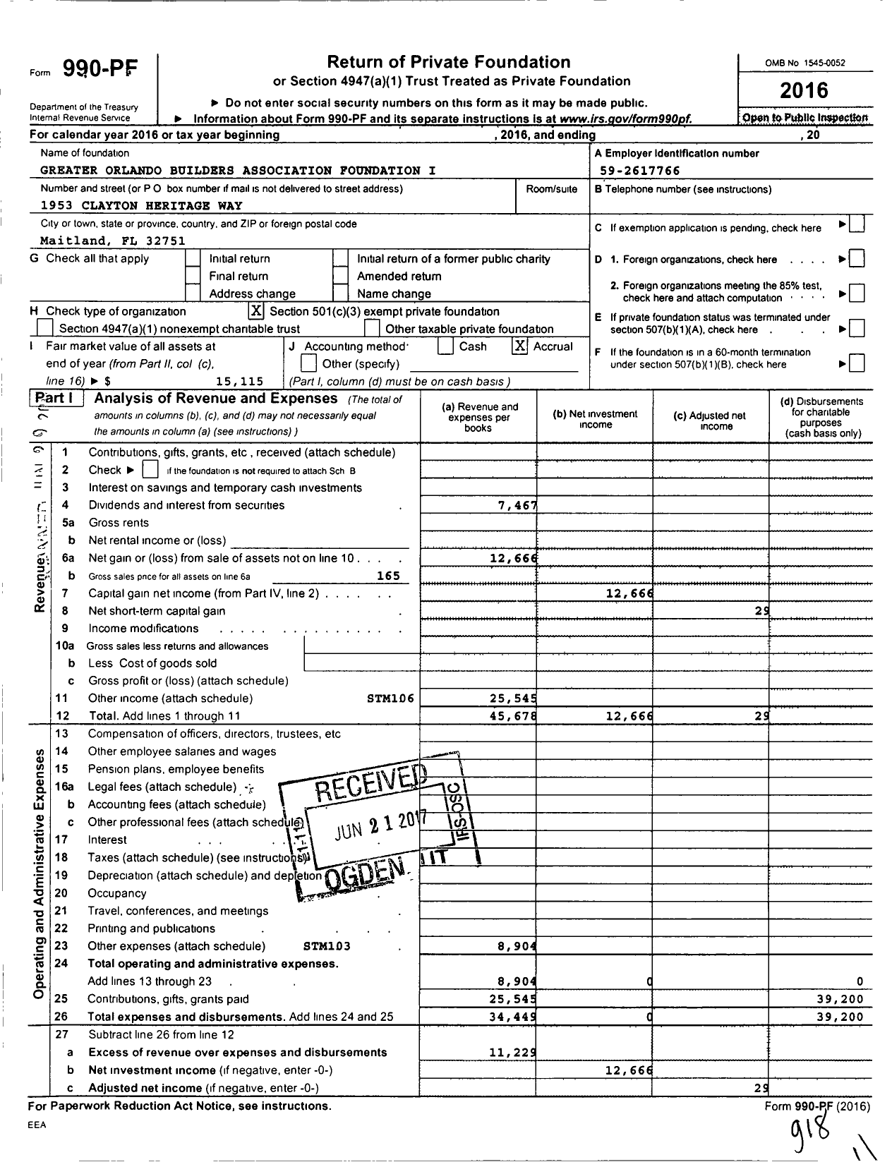 Image of first page of 2016 Form 990PF for Greater Orlando Builders Association Foundation