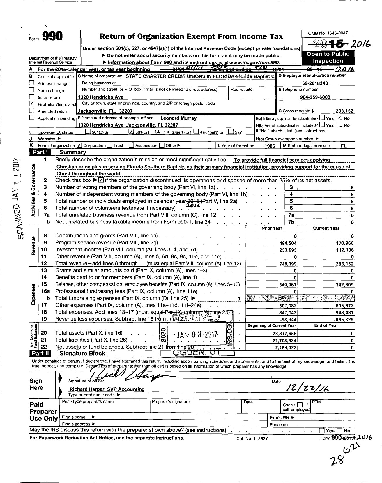Image of first page of 2015 Form 990O for STATE CHARTER Credit UNIONS IN Florida - 653 Florida Baptist Credit Union