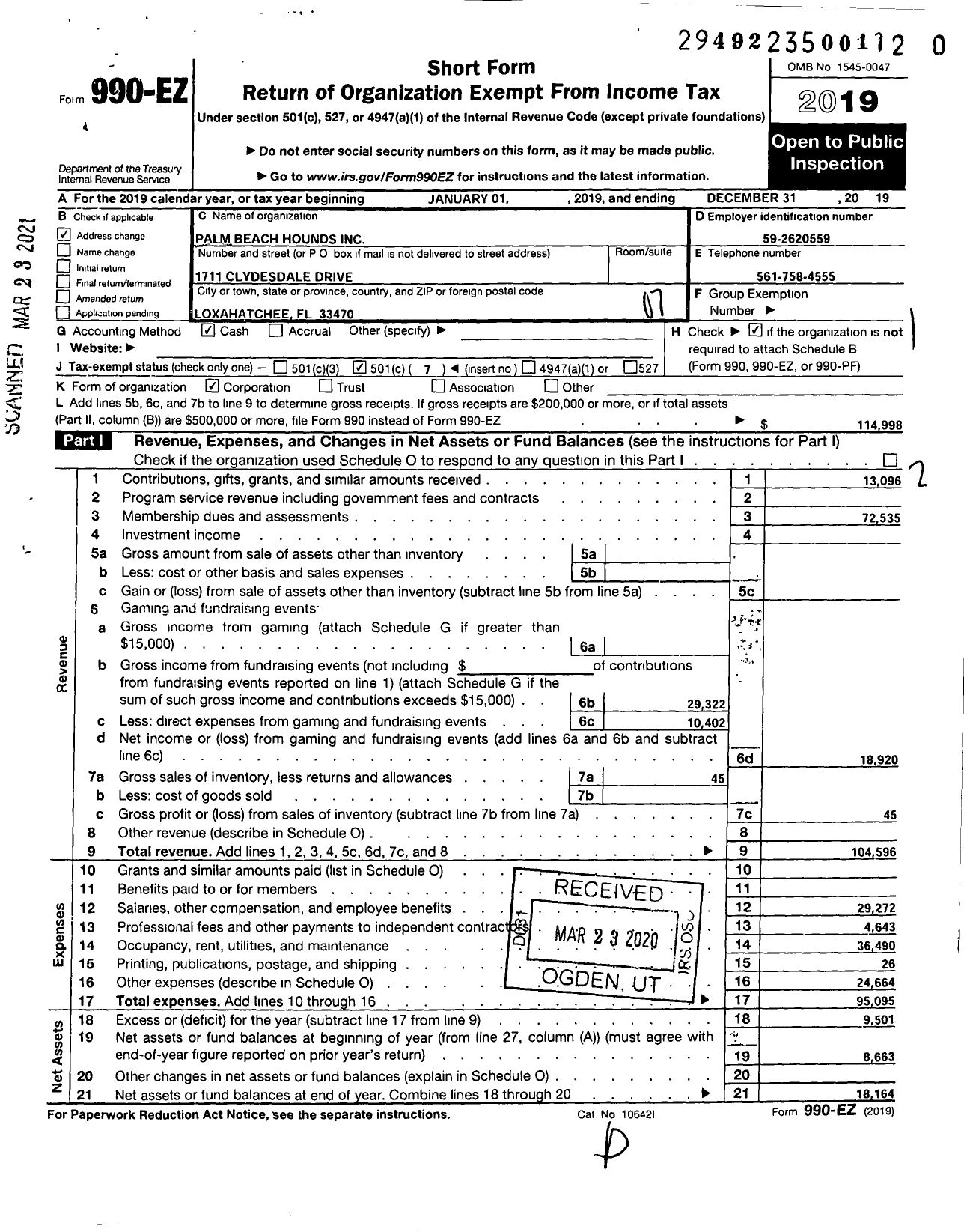 Image of first page of 2019 Form 990EO for Palm Beach Hounds