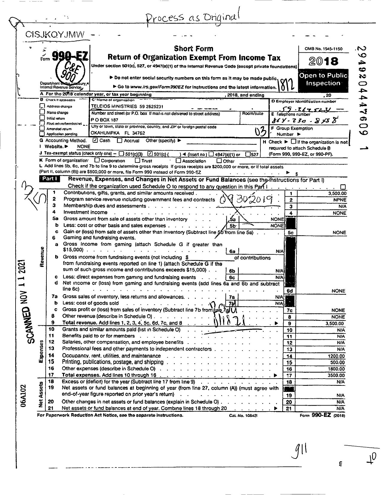 Image of first page of 2018 Form 990EZ for Teleios Ministries