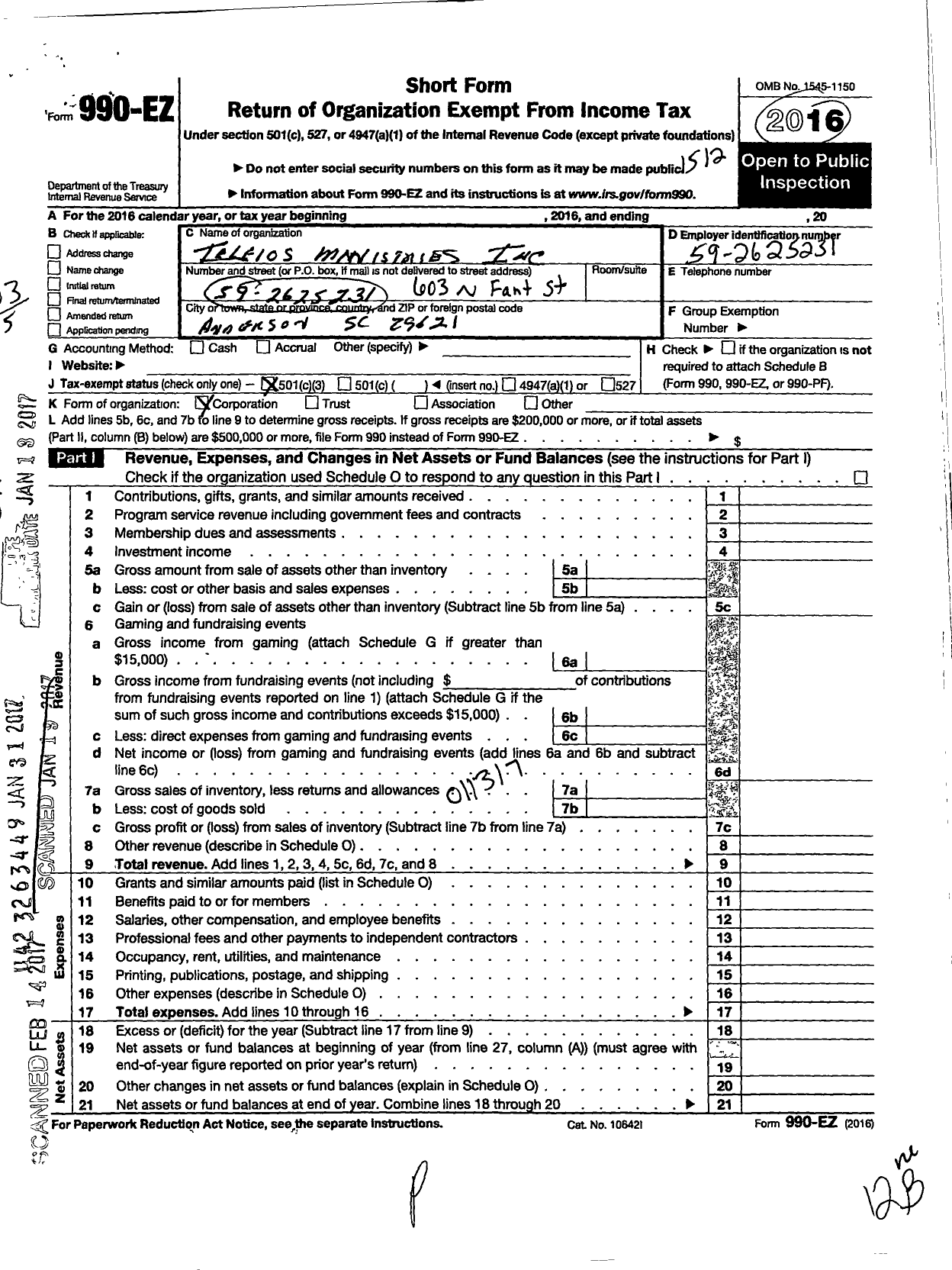 Image of first page of 2015 Form 990EZ for Teleios Ministries