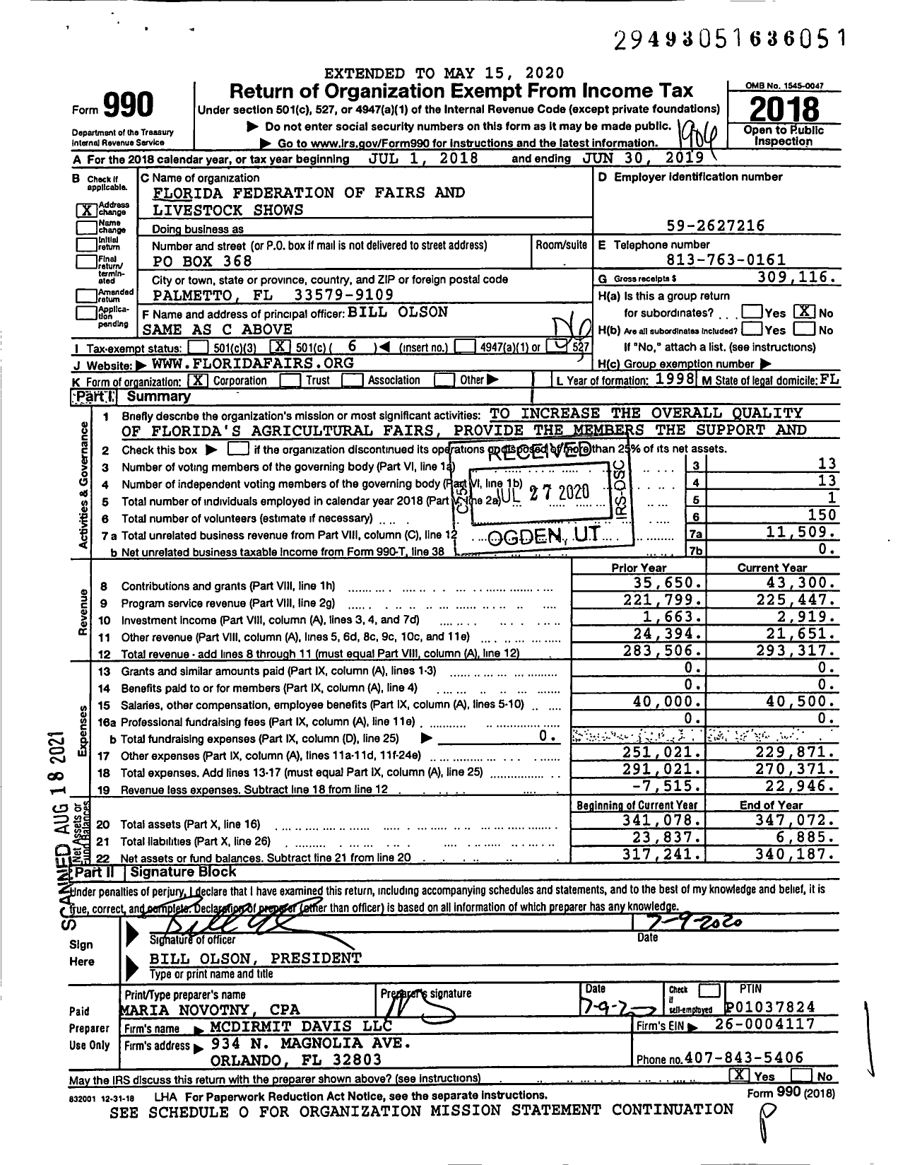 Image of first page of 2018 Form 990O for Florida Federation of Fairs and Livestock Shows