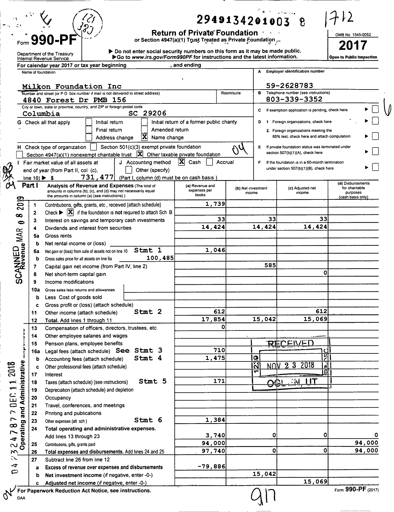 Image of first page of 2017 Form 990PF for Milkon Foundation