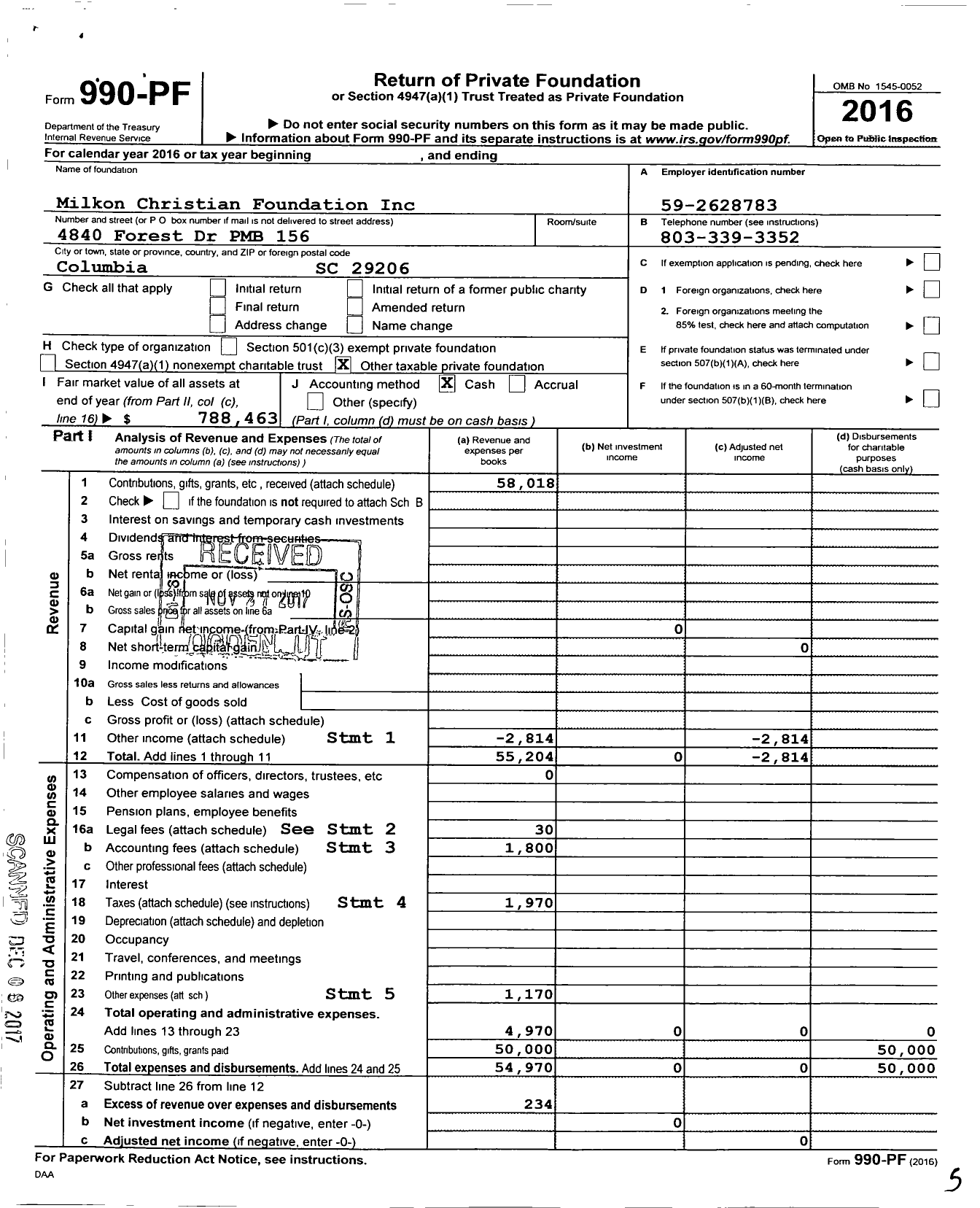 Image of first page of 2016 Form 990PF for Milkon Foundation