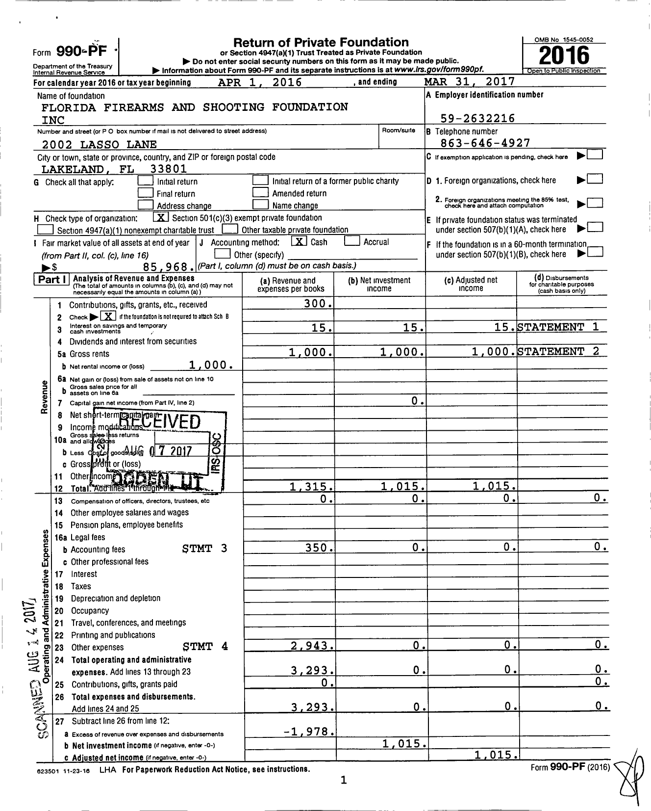 Image of first page of 2016 Form 990PF for Florida Firearms and Shooting Foundation