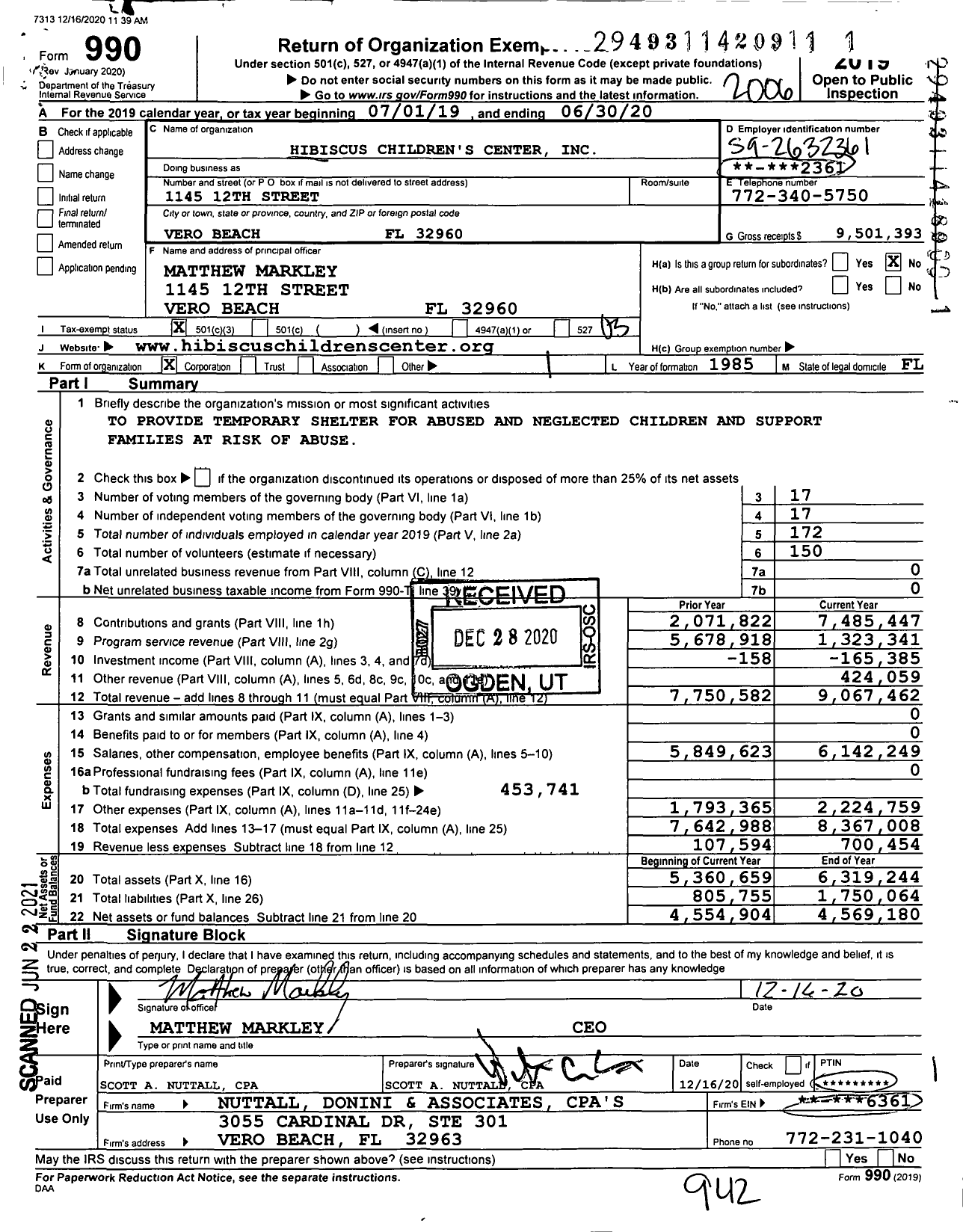 Image of first page of 2019 Form 990 for Hibiscus Children's Center