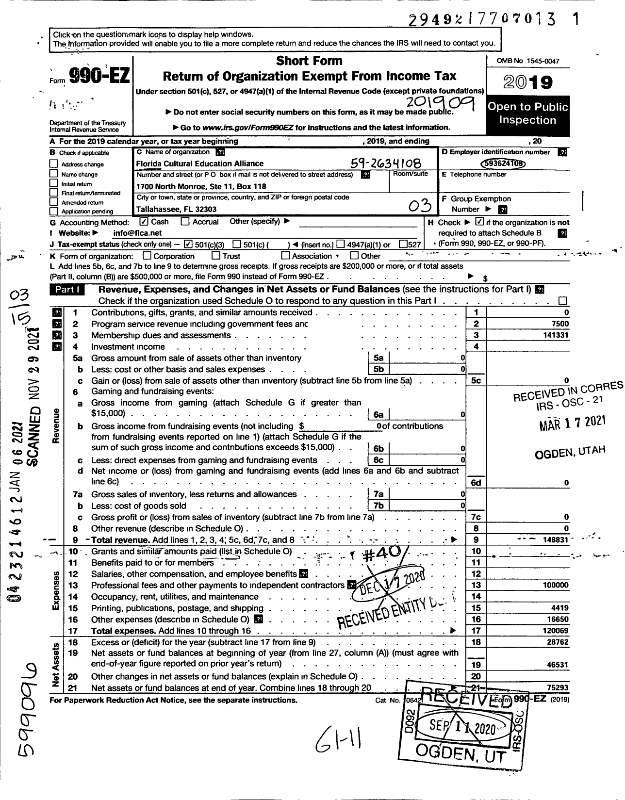 Image of first page of 2018 Form 990EZ for Florida Cultural Education Alliance