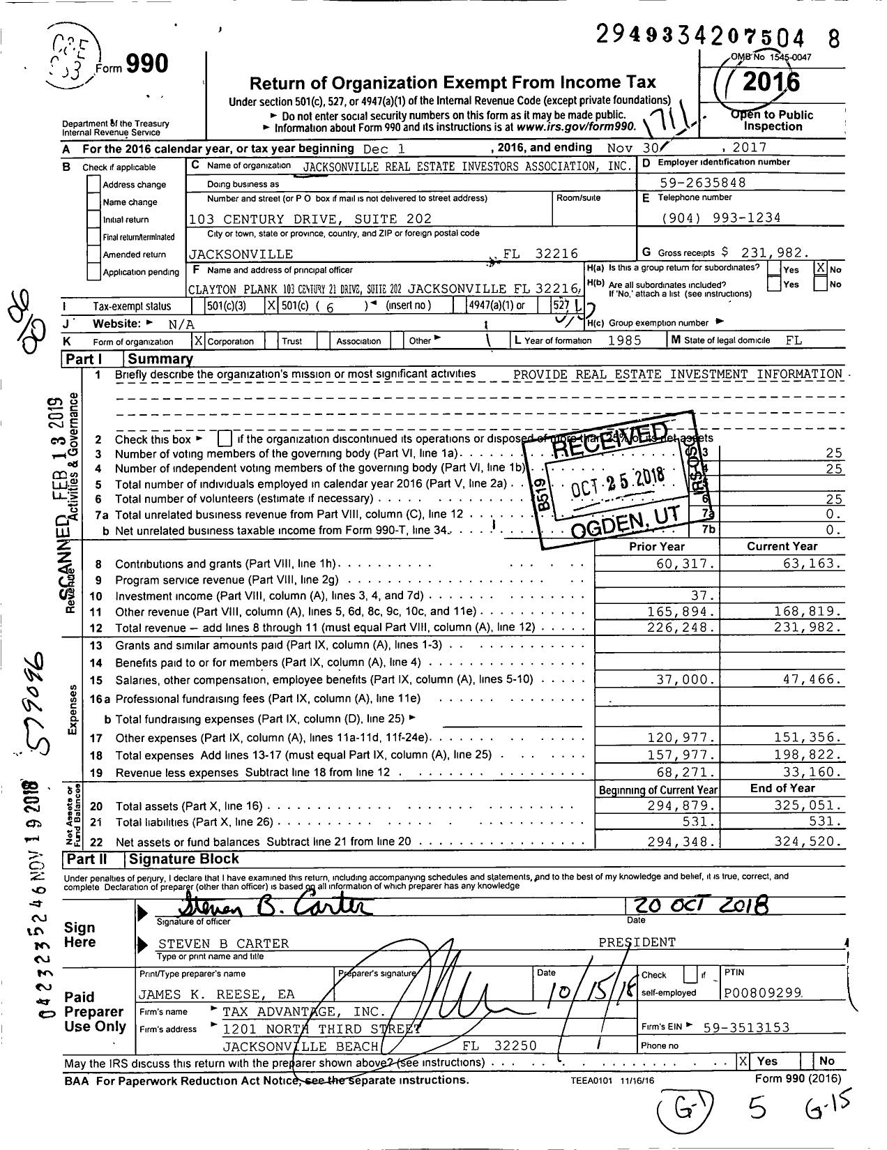 Image of first page of 2016 Form 990O for Jacksonville Real Estate Investors Association