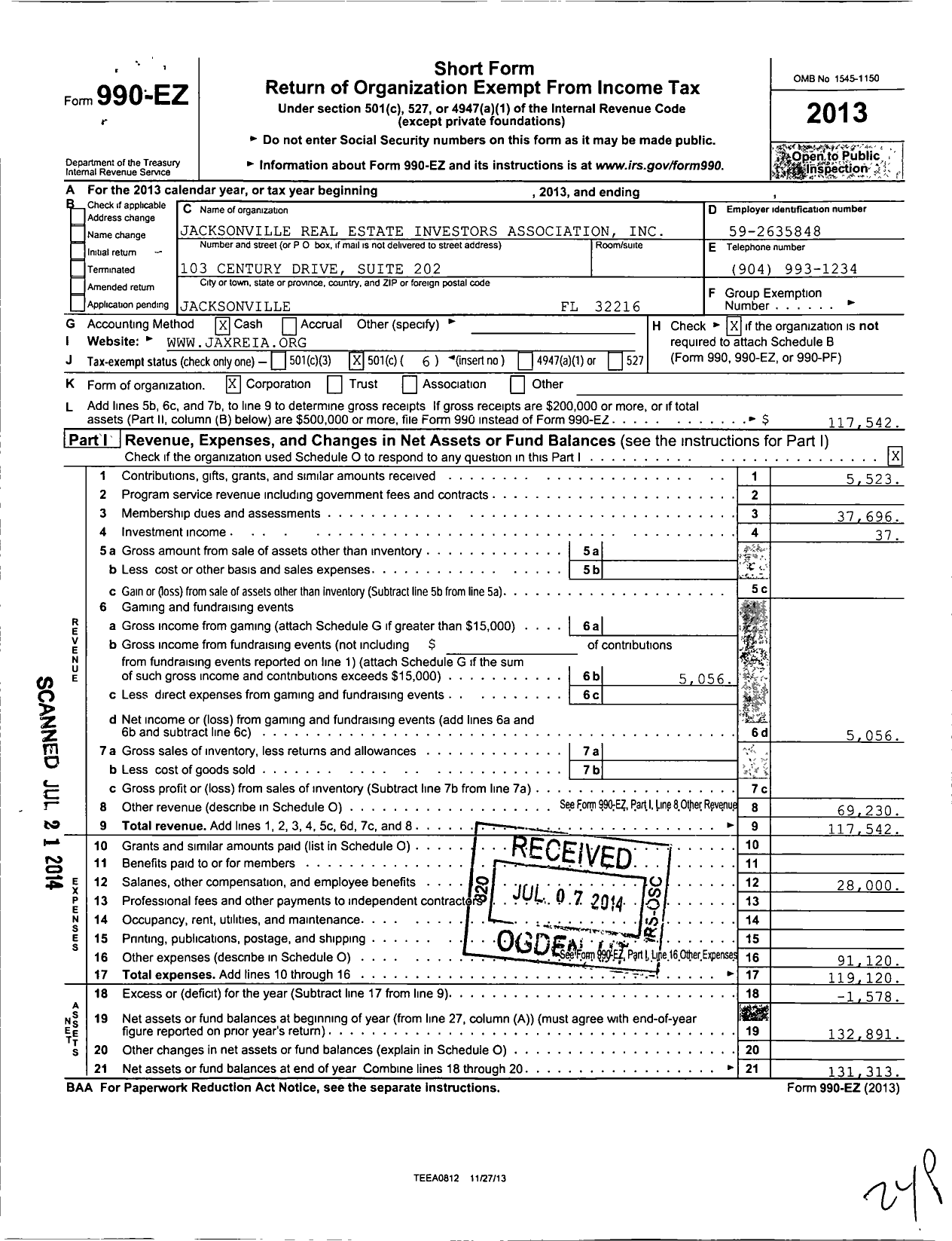 Image of first page of 2013 Form 990EO for Jacksonville Real Estate Investors Association