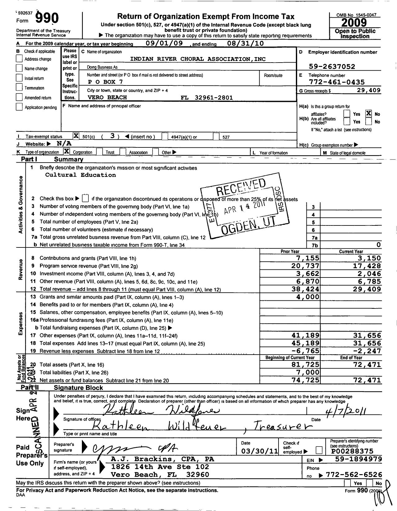 Image of first page of 2009 Form 990 for Vero Beach Choral Society