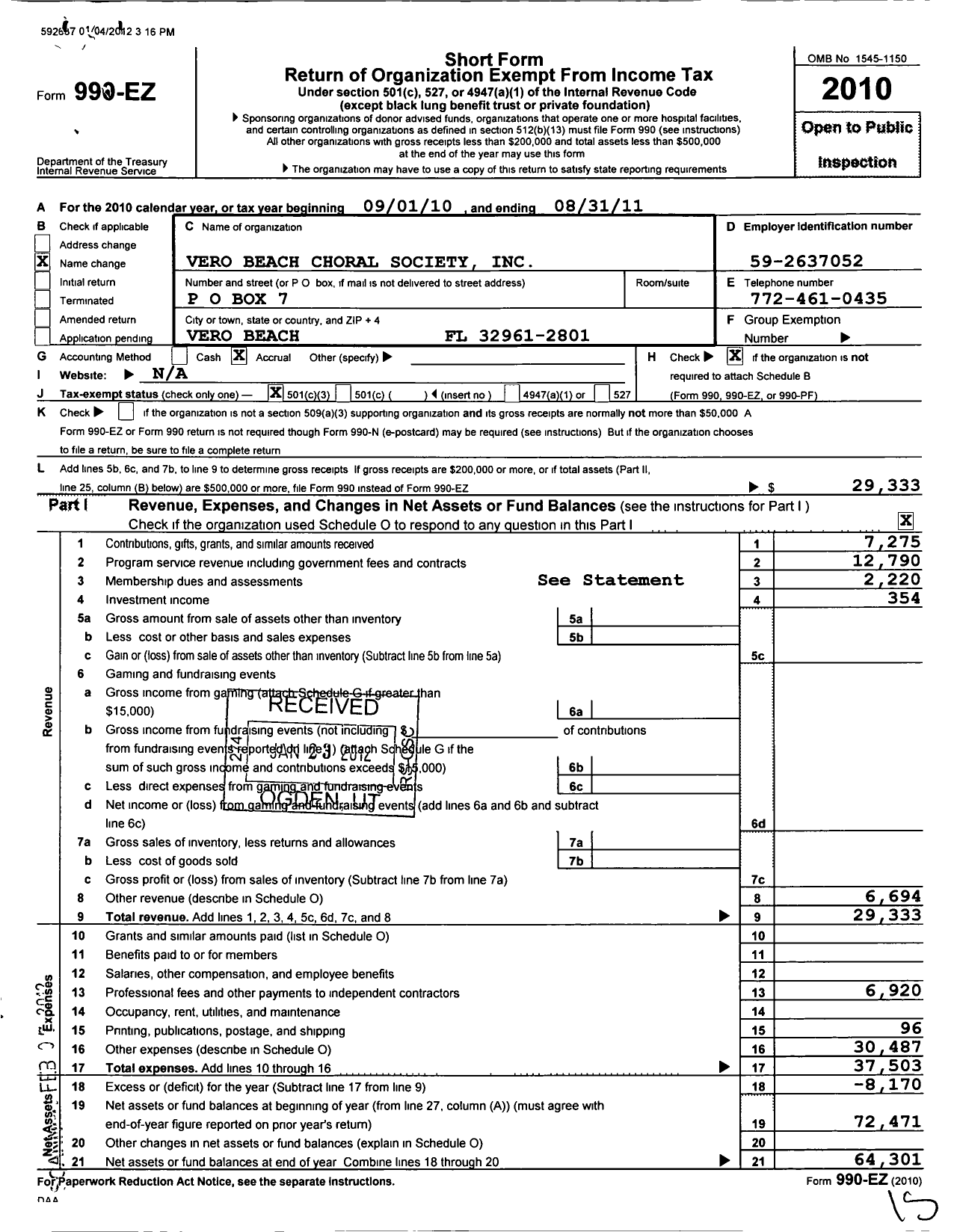 Image of first page of 2010 Form 990EZ for Vero Beach Choral Society