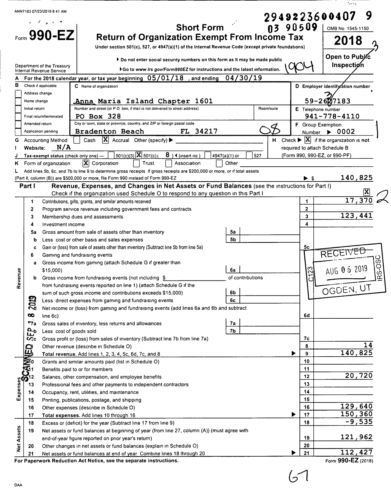 Image of first page of 2018 Form 990EO for Loyal Order of Moose - 1601