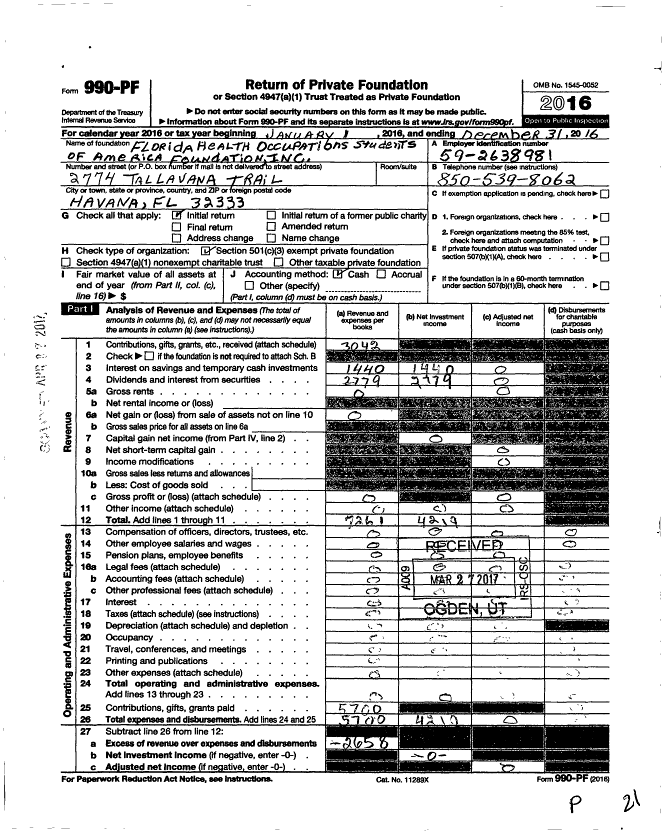 Image of first page of 2016 Form 990PF for Florida Health Occupations Students of America Foundation