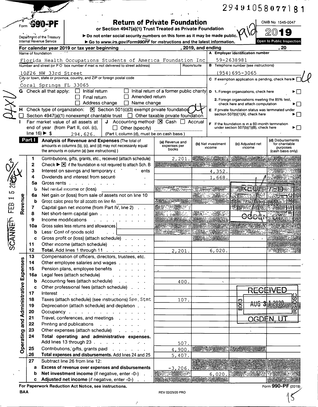 Image of first page of 2019 Form 990PF for Florida Health Occupations Students of America Foundation