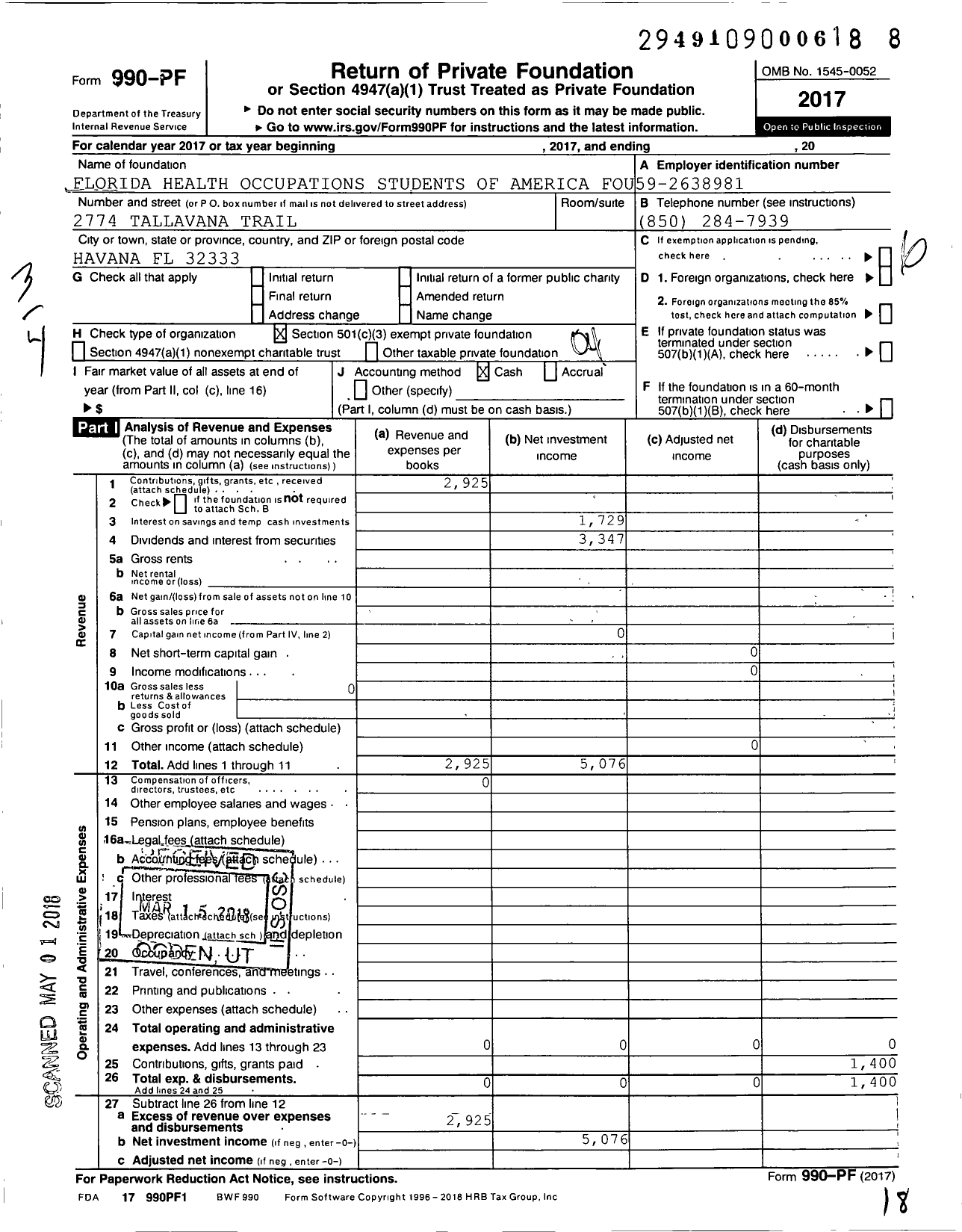 Image of first page of 2017 Form 990PF for Florida Health Occupations Students of America Foundation