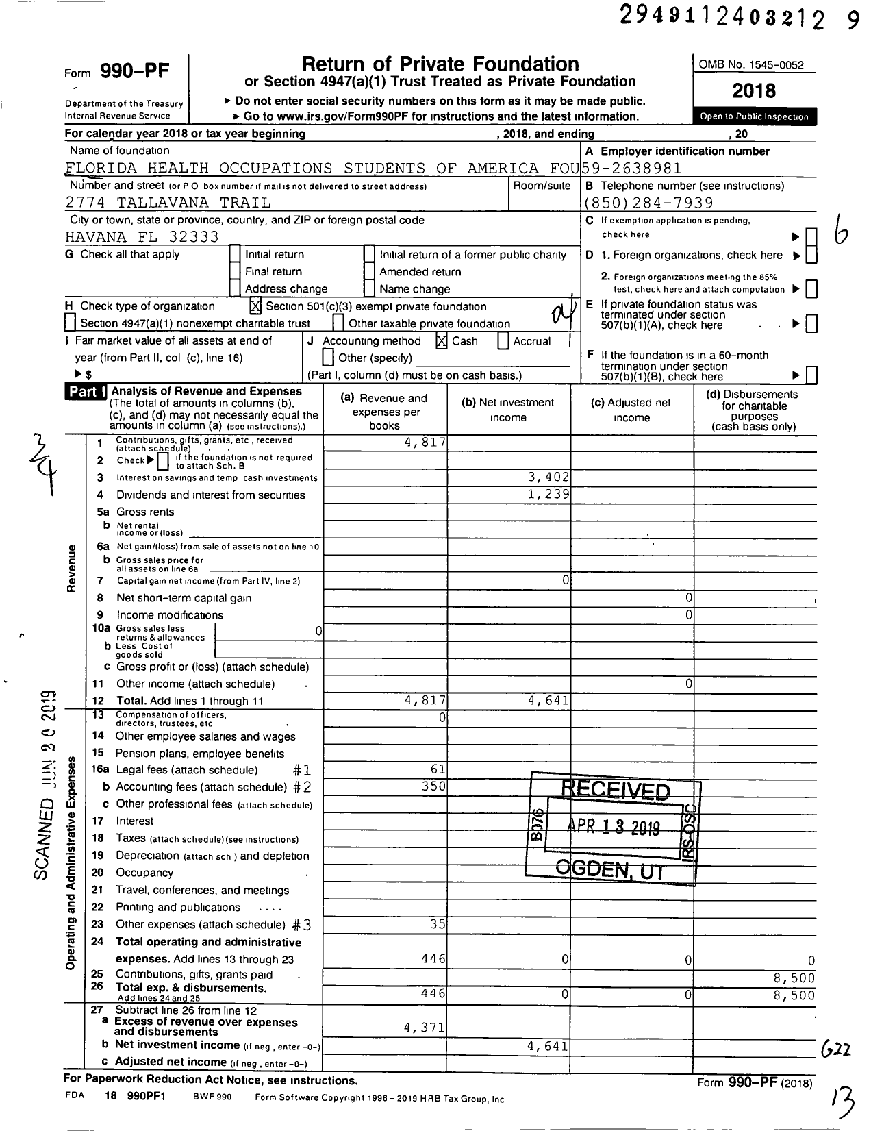 Image of first page of 2018 Form 990PF for Florida Health Occupations Students of America Foundation