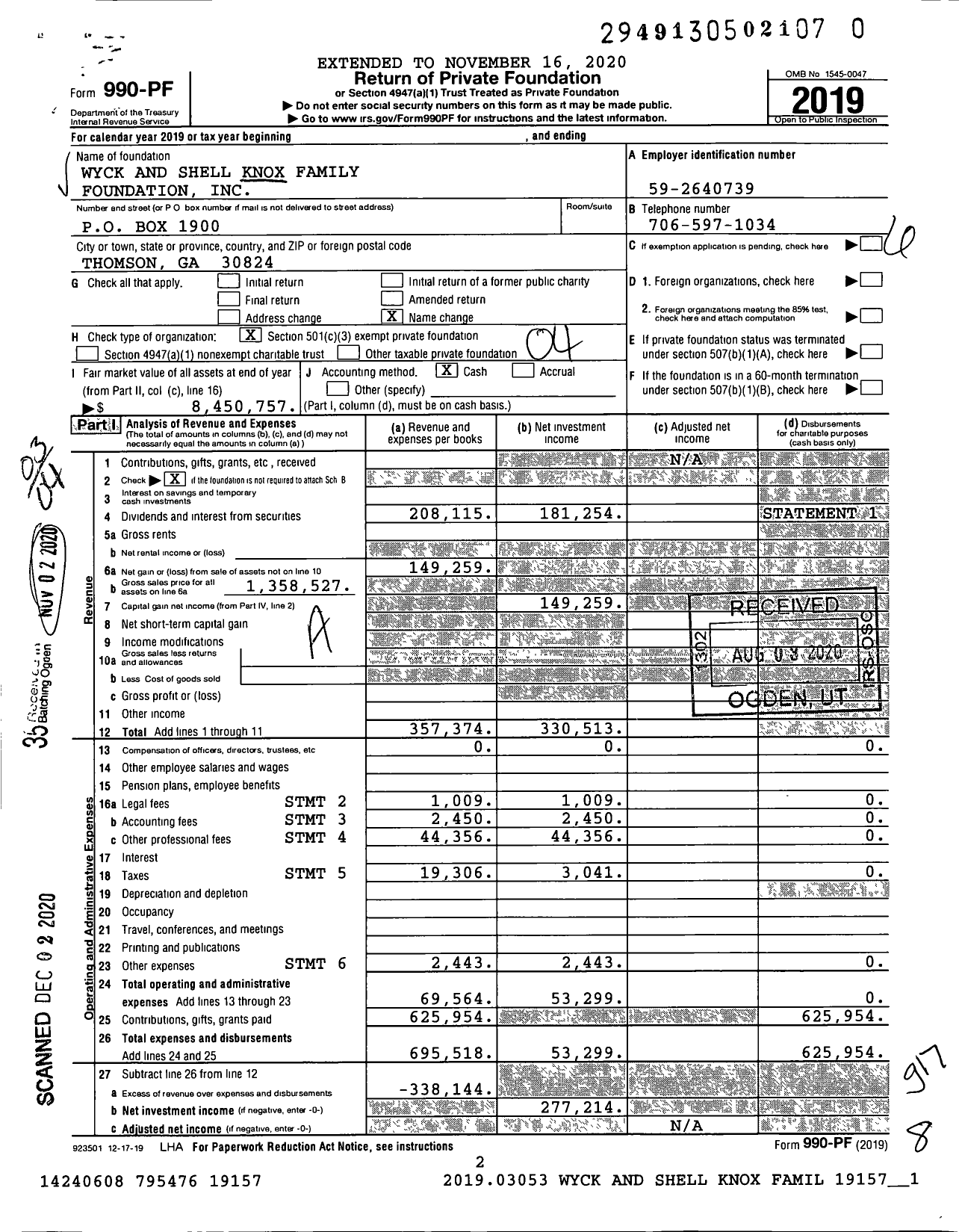 Image of first page of 2019 Form 990PF for Wyck and Shell Knox Family Foundation