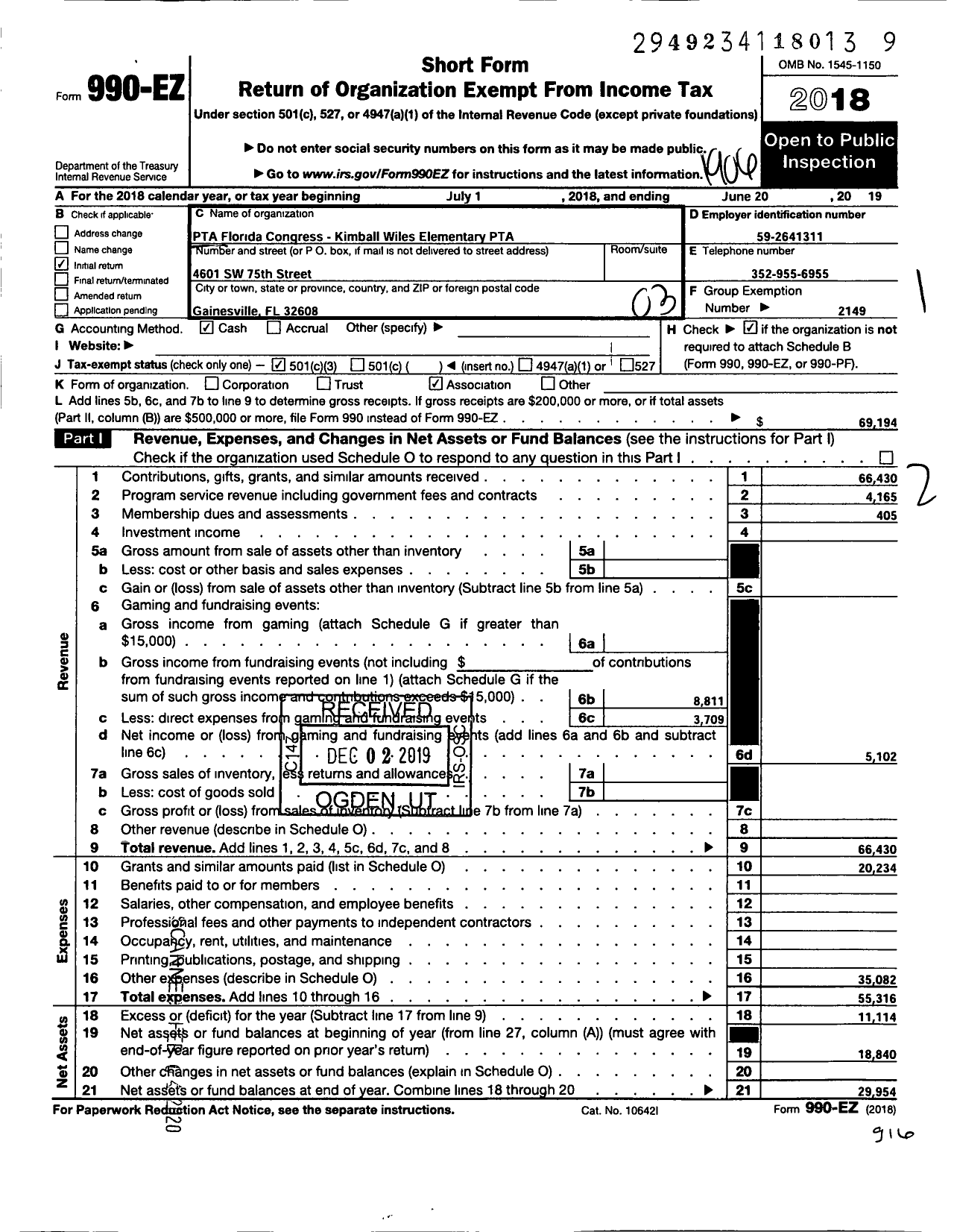 Image of first page of 2018 Form 990EZ for PTA Florida Congress - Kimball Wiles Elementary School PTA